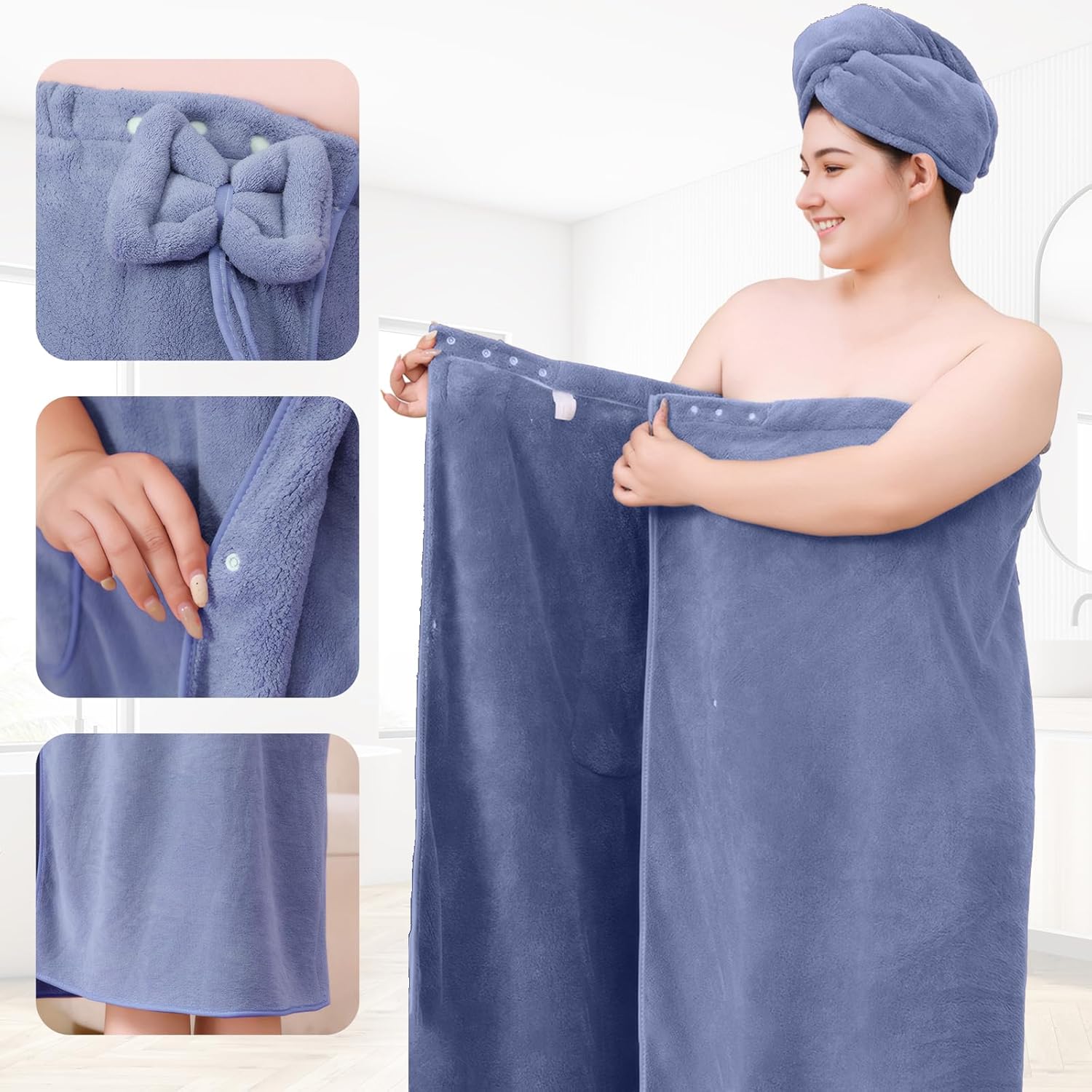 Towel Wrap for Women Plus Size-Wearable Shower Towel Wrap with Hair Towel Wristbands Closure Elastic Top Soft Adjustable Microfiber Dress Towel Spa Wraps for Women's Bathrobe（Blue） - Image 4