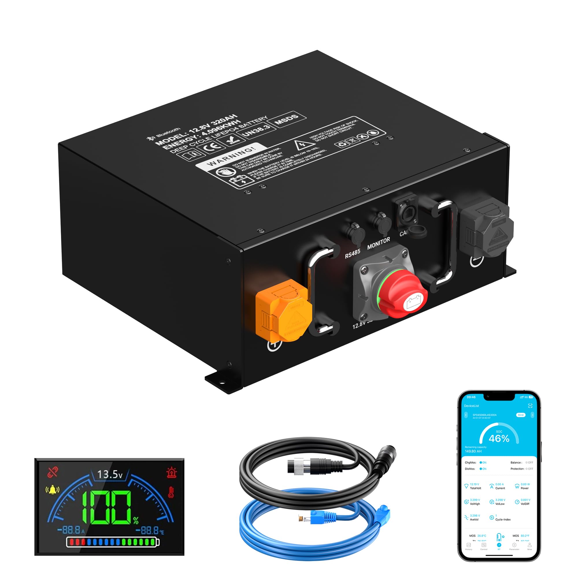 Mjbsan Batterie LiFePO4 320 Ah 12 V, 4096 Wh, certifiée ECE R10 avec BMS 250 A intégré, protection contre les basses températures, 12 000 cycles et durée de vie de 10 ans, pour caravane, solaire
