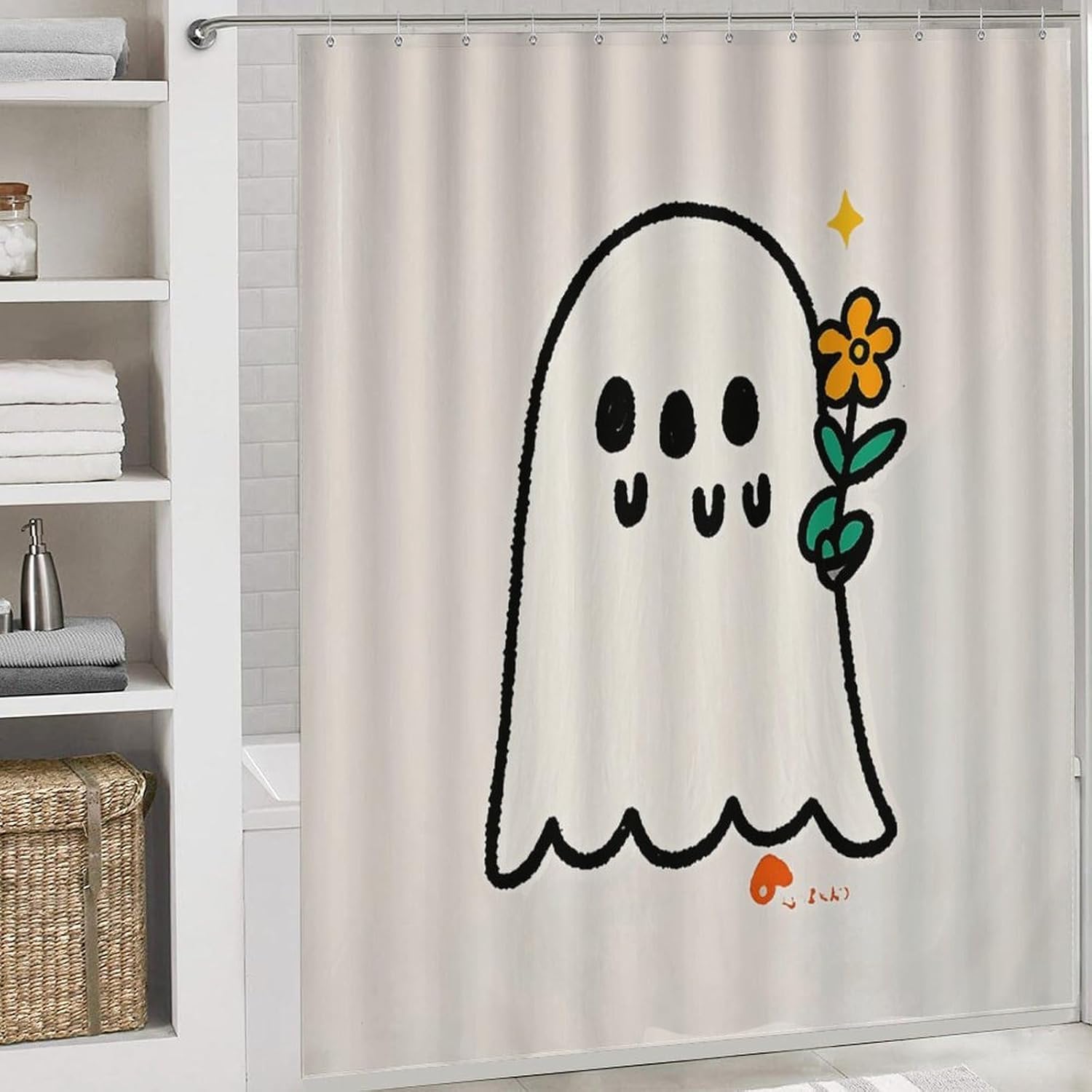 Take The Flower Ghost Shower Curtain Set 4 Piece, Non-Slip Bath Mat with Toilet Lid Cover and Waterproof Shower Curtain with 12 Hooks, Complete Bathroom Set for Home Decor