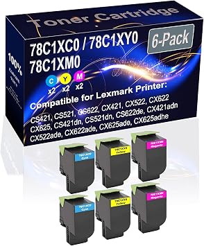 6-Pack 2C+2Y+2M Compatible CS421 CS521 CS622 CX421 CX522 Laser Toner Cartridge High Capacity Replacement for 78C1XC0 78C1XY0 78C1XM0 Printer Toner Cartridge