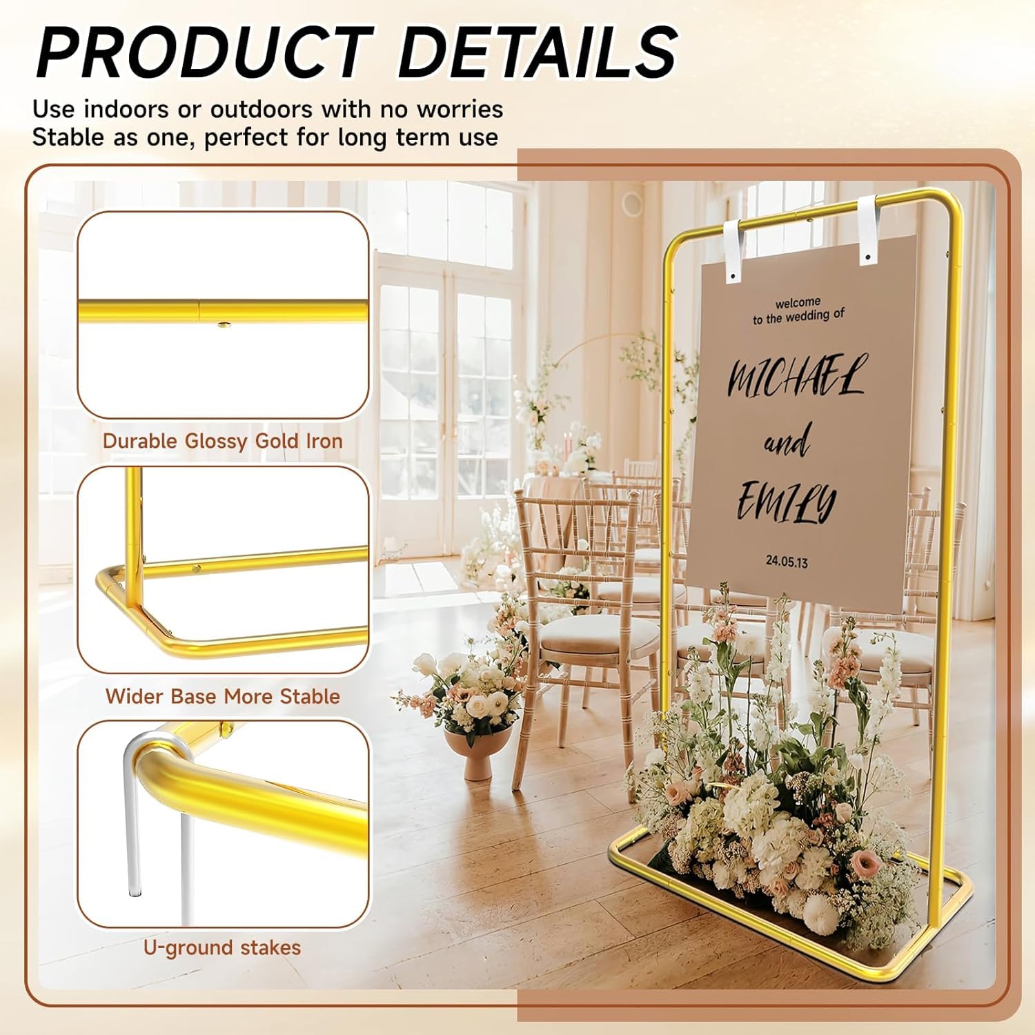 Panneau de bienvenue de mariage, étagère de vente, plan de table de mariage avec ensemble design et lanières en cuir, support de plaque de mariage réglable de 173 cm, bienvenue à notre arche de