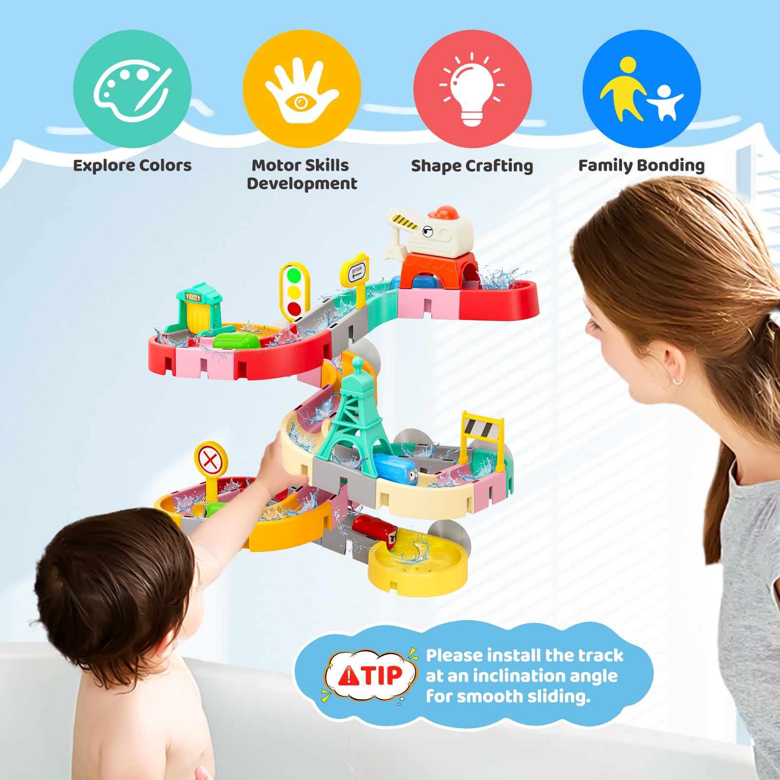 51 Pcs Bath Toys for Toddlers Traffic Themed Water Slide Track Game with Suction Cups, DIY Bathtub Toys for Kids 3-6 Years - Image 3