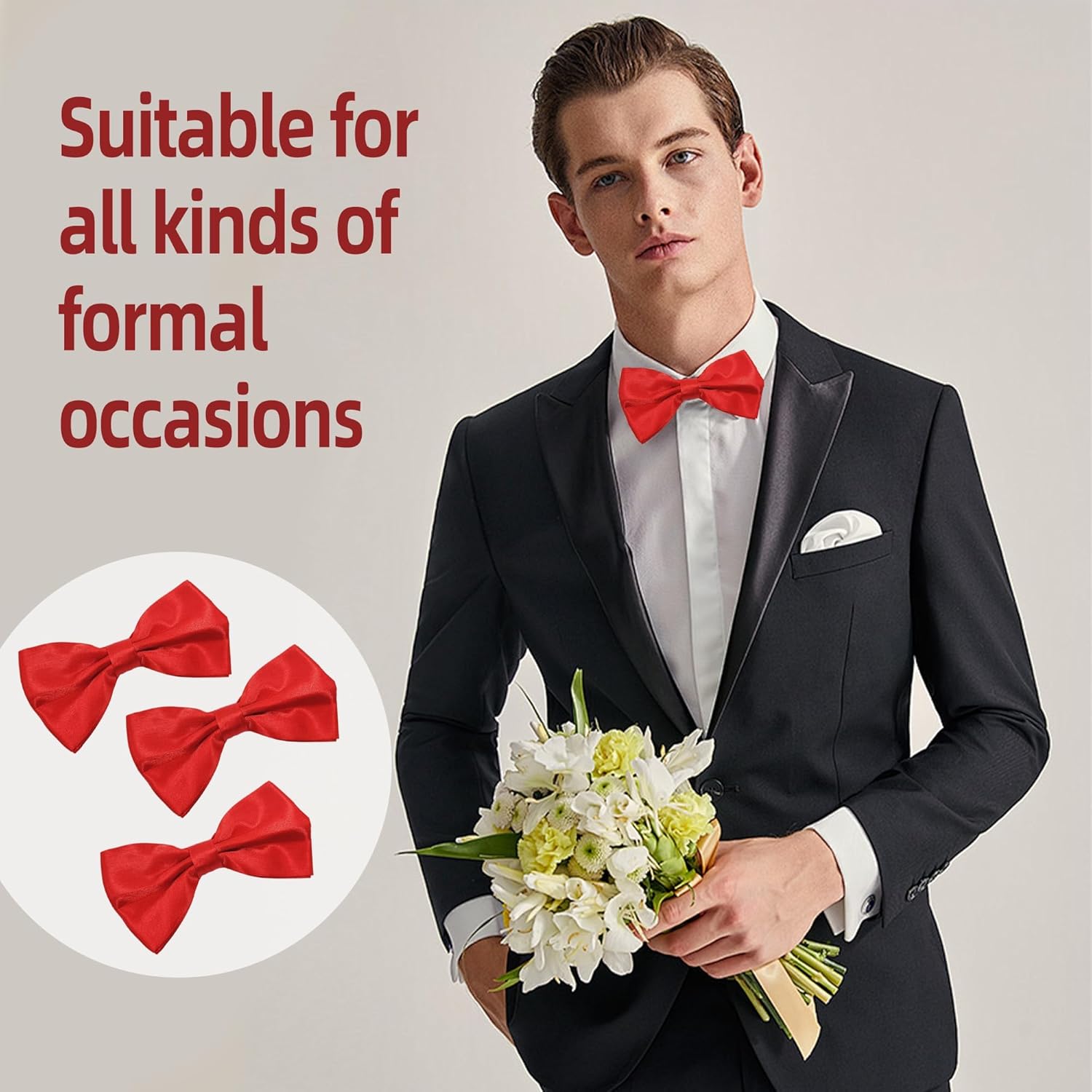 24 Pcs Red Bow Ties for Men,Formal Satin Red Bow Tie Solid with Men's Bow Ties,Adjustable Neck Band bow Ties for Men (Red)