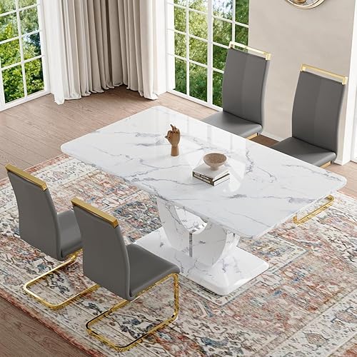 JUFU Dinner Table Set for 4, 63'' White Faux Marble Dining Table Set for 4 with PU Upholstered Chairs, Modern Rectangle Table Chairs Set of 4, Ideal for Dining Room, Sturdy and Easy Assembly