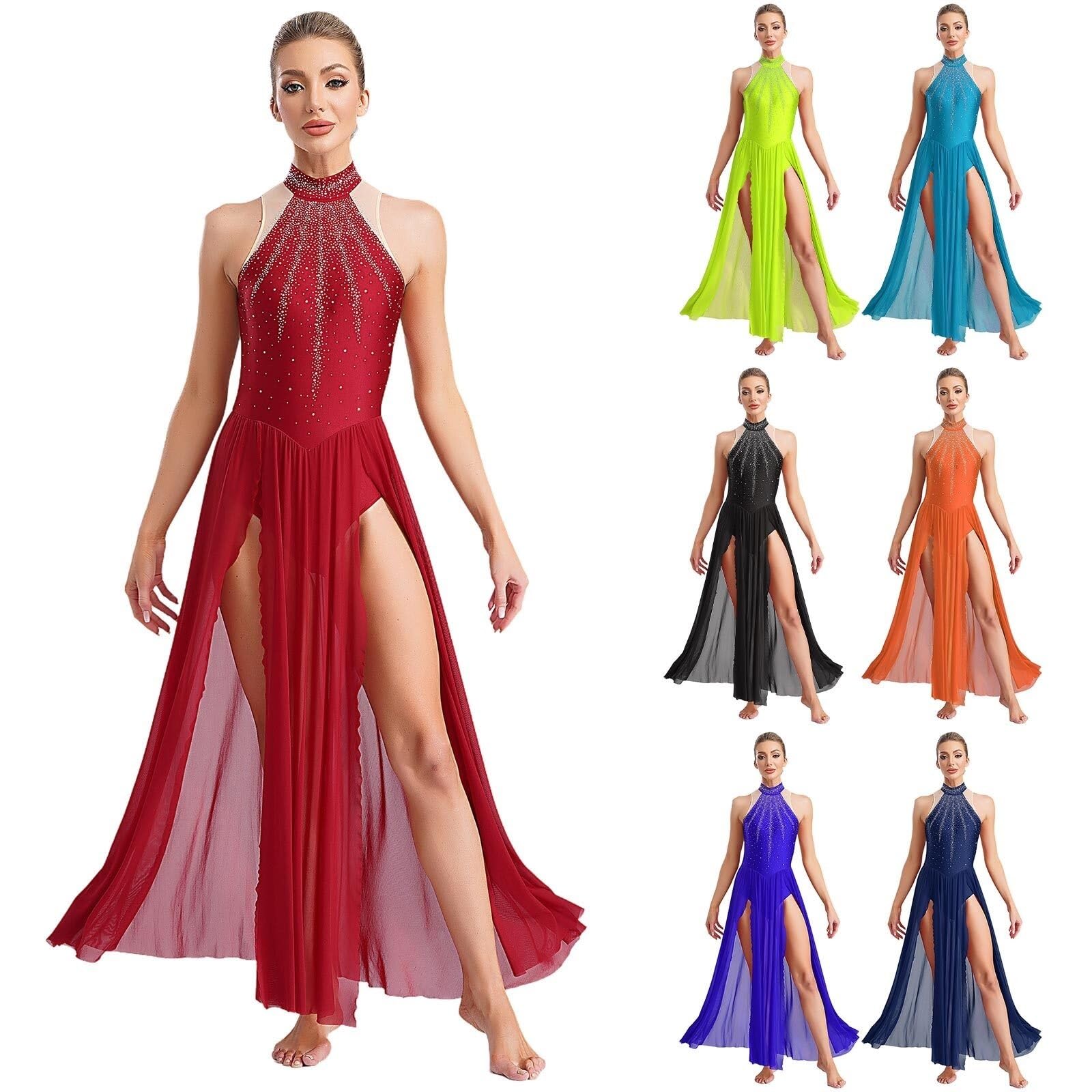 Kostüme für Lyrischen Tanz Lyrisches Tanzkleid, glänzendes Dimonds-Ballett-Trikot, Geteilte Maxiröcke, modernes, zeitgenössisches Ballsaal-Kostüm for Damen