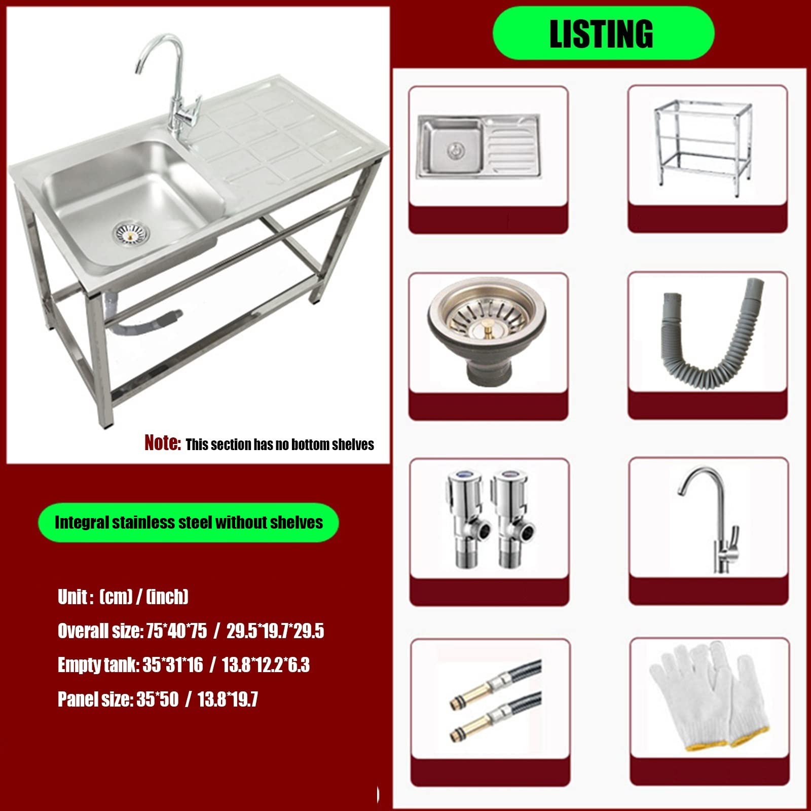 Fregadero de Cocina Comercial con Banco de Trabajo, Fregadero de Acero Inoxidable Independiente Con Agua Fria y Caliente Grifo,para Garaje, Jardín, Cocina, Lavadero ( Color : Hot and cold , Size : Wit