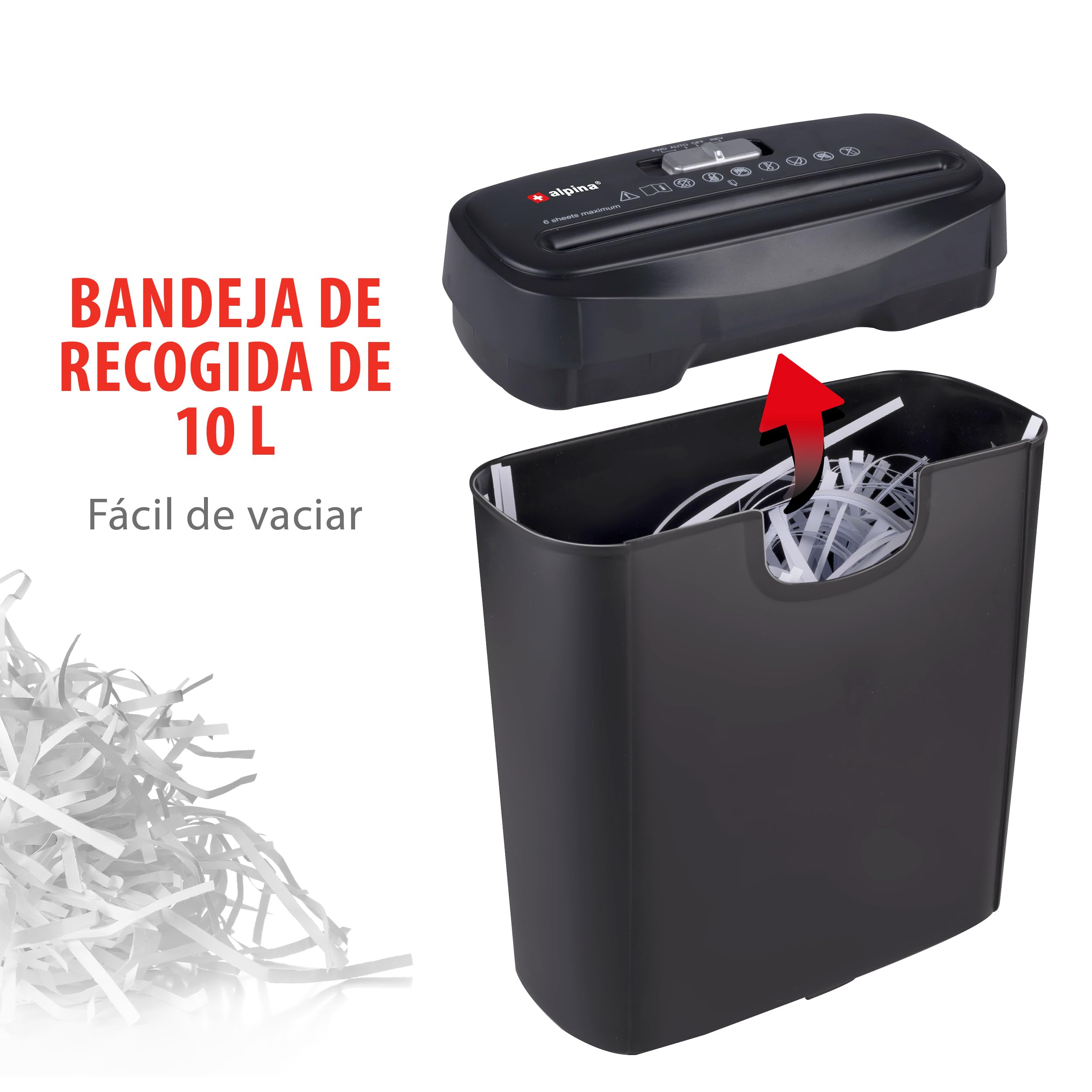 Alpina Trituradora de Papel 190W - Destructora de Documentos y Tarjetas de Crédito - para Casa y Oficina - Trituradora en Tiras - con Recipiente de Recolección - Protección contra Sobrecalentamiento