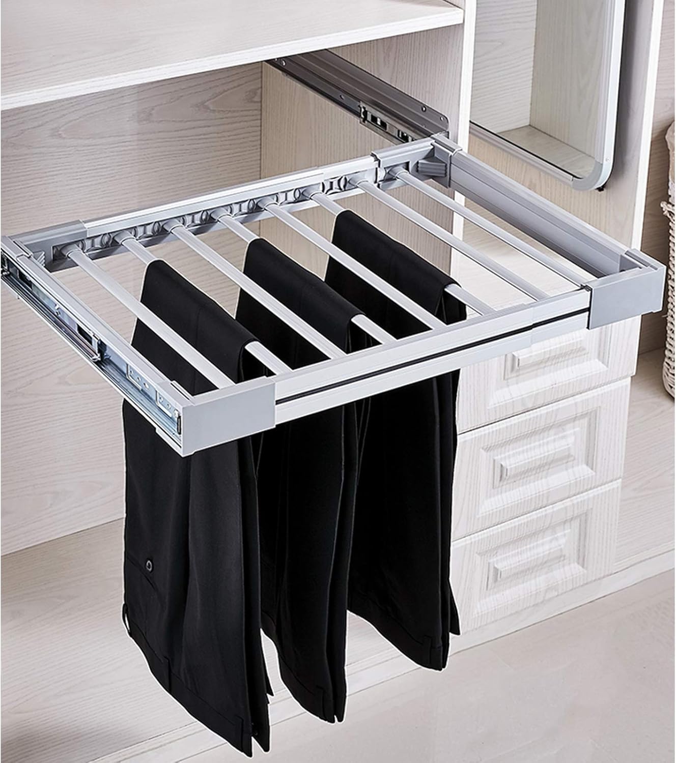 Pull Out Pants Hangers Trousers Rack,Closet Pants Hanger Bar,for Clothes Towel Scarf Trousers Tie,Organizers for Space Saving and Storage (85-120cm,Silver)
