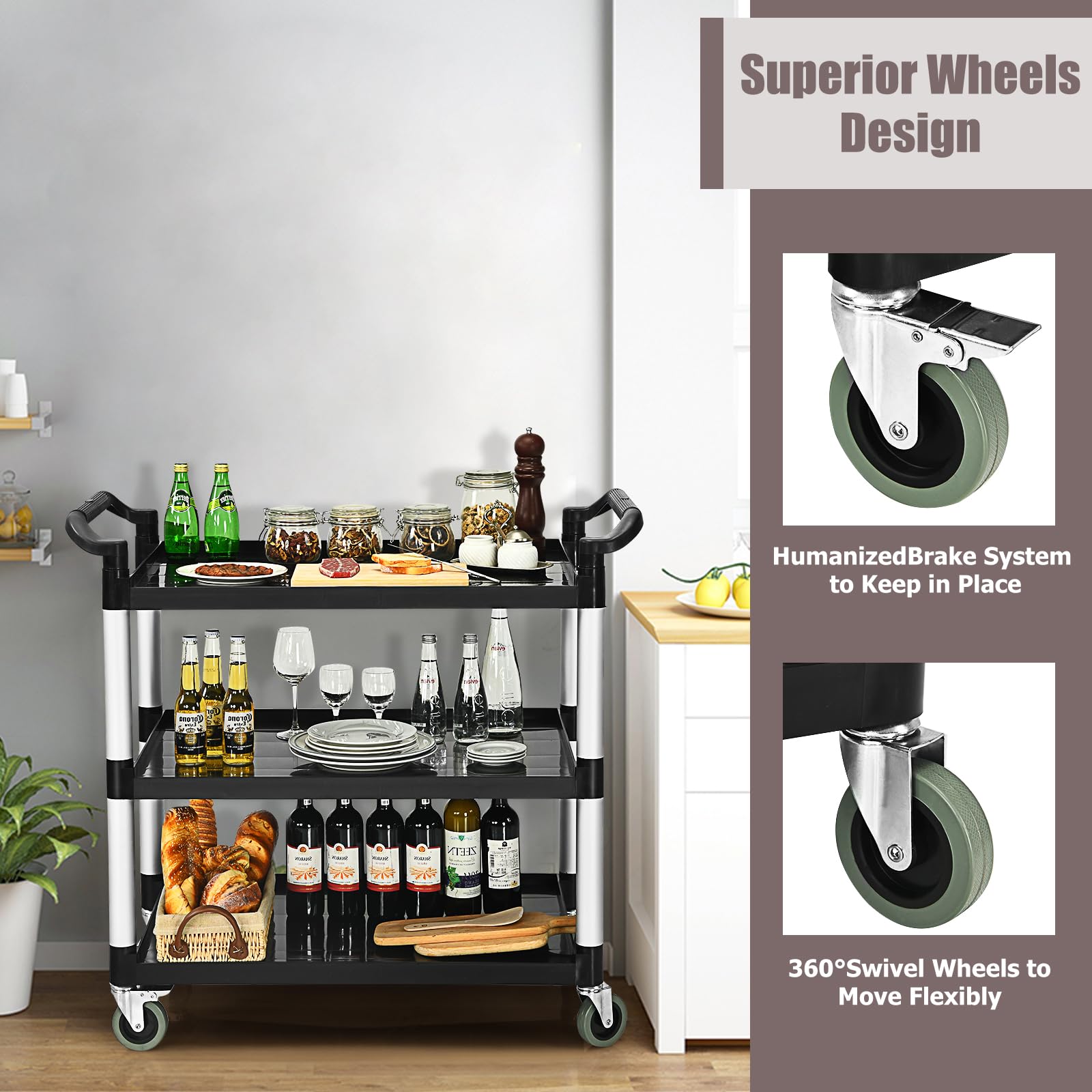 KOMFOTTEU Carrello di servizio a 3 livelli, carrello da cucina con ruote (2 con freno) e comode maniglie, carrello ausiliario con capacità di carico di 50 kg per scaffale, 103 x 49 x 98 cm