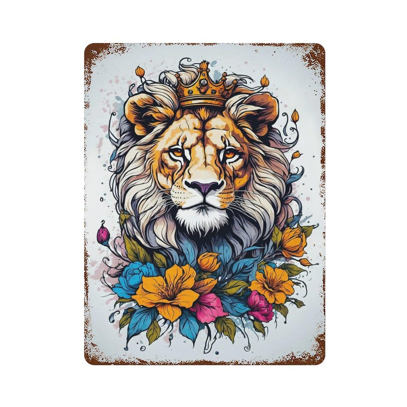 Rusty Metal Tin Sign with Lion Floral Design 15.7"x11.8", for Farmhouse, Kitchen And Entryway Decor, Rustic Home Decor