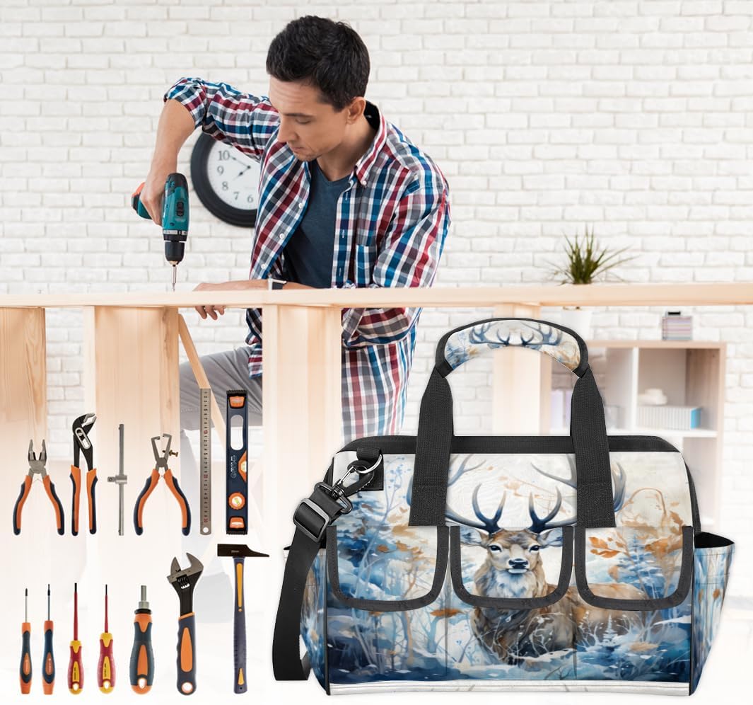 Funny Deer Pattern Tool Bags for Men Women Large Multi-Pockets Wide Mouth Tool Storage Bags Waterproof Stroage Bags with Adjustabe Shoulder Straper for Electrician Mechanic