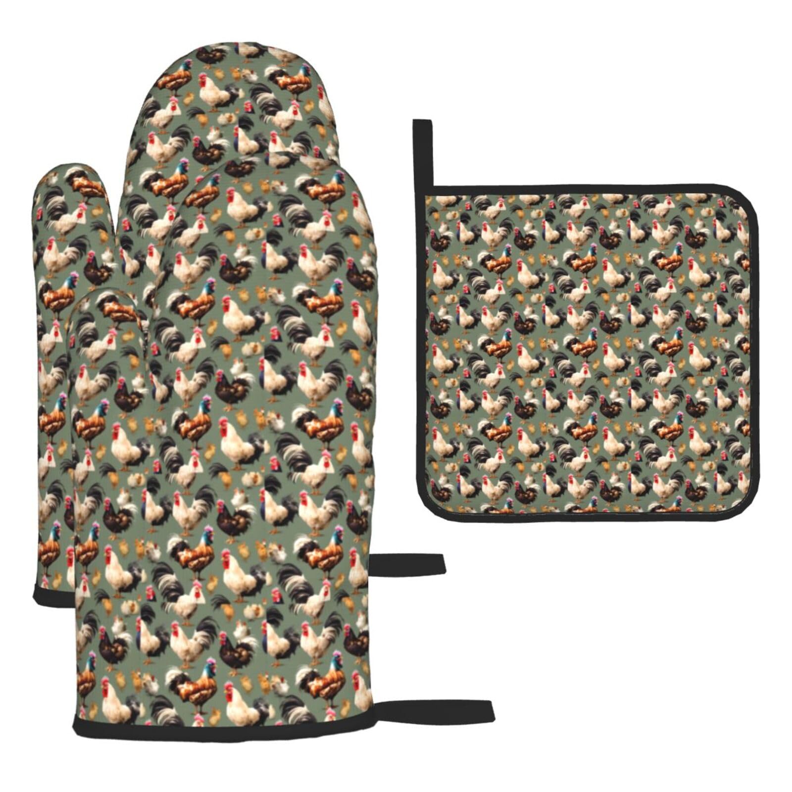 Chicken And Rooster Print Print Oven Kitchen Gloves For Baking Outdoor Grilling Home Use Mitts Microwaving Bbq