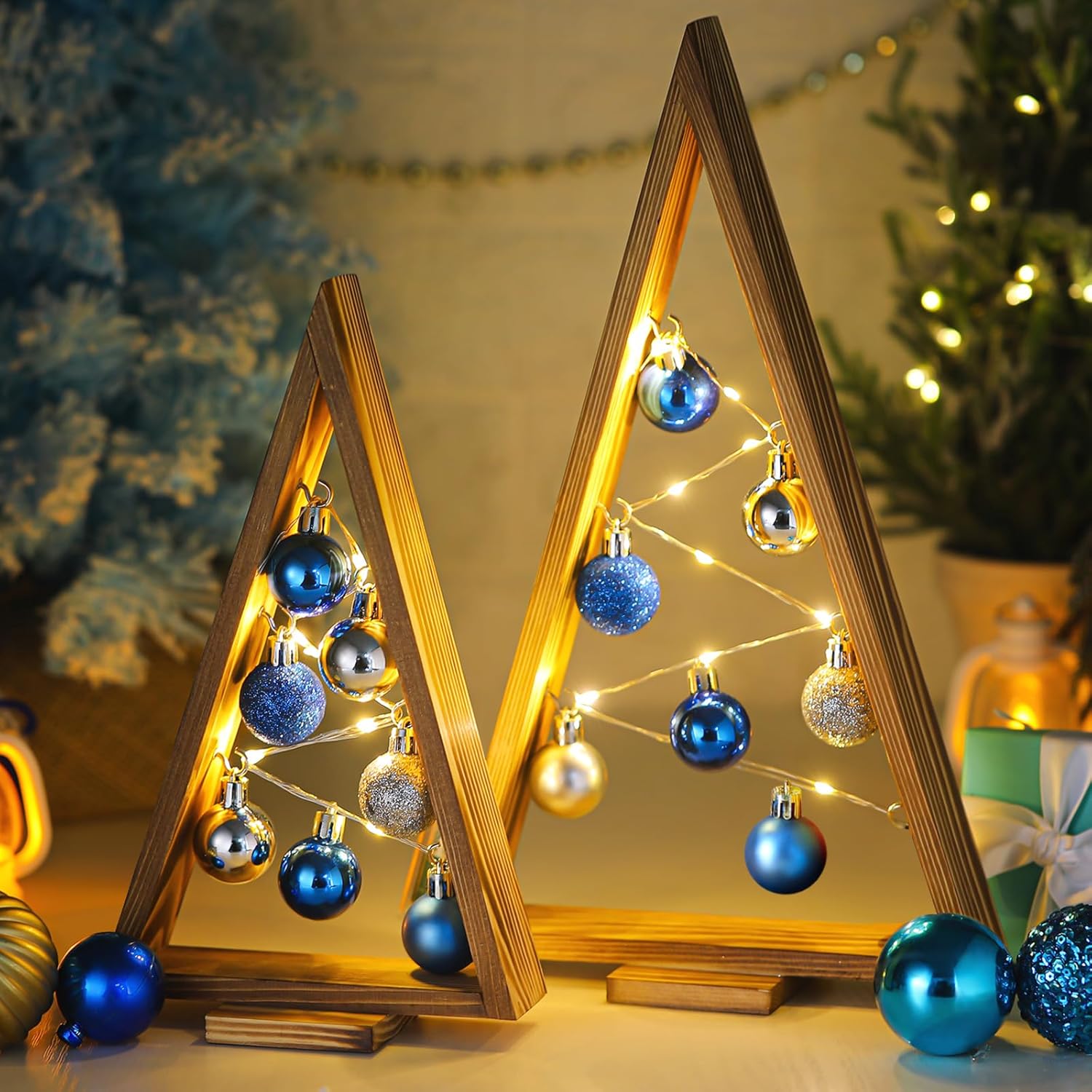 Hungdao 2 Pack Wooden Christmas Tabletop Tree with Lights and Balls Modern Farmhouse Christmas Table Centerpiece Decor for Winter Fireplace Mantle Shelf Home Decor(Blue, Silver)