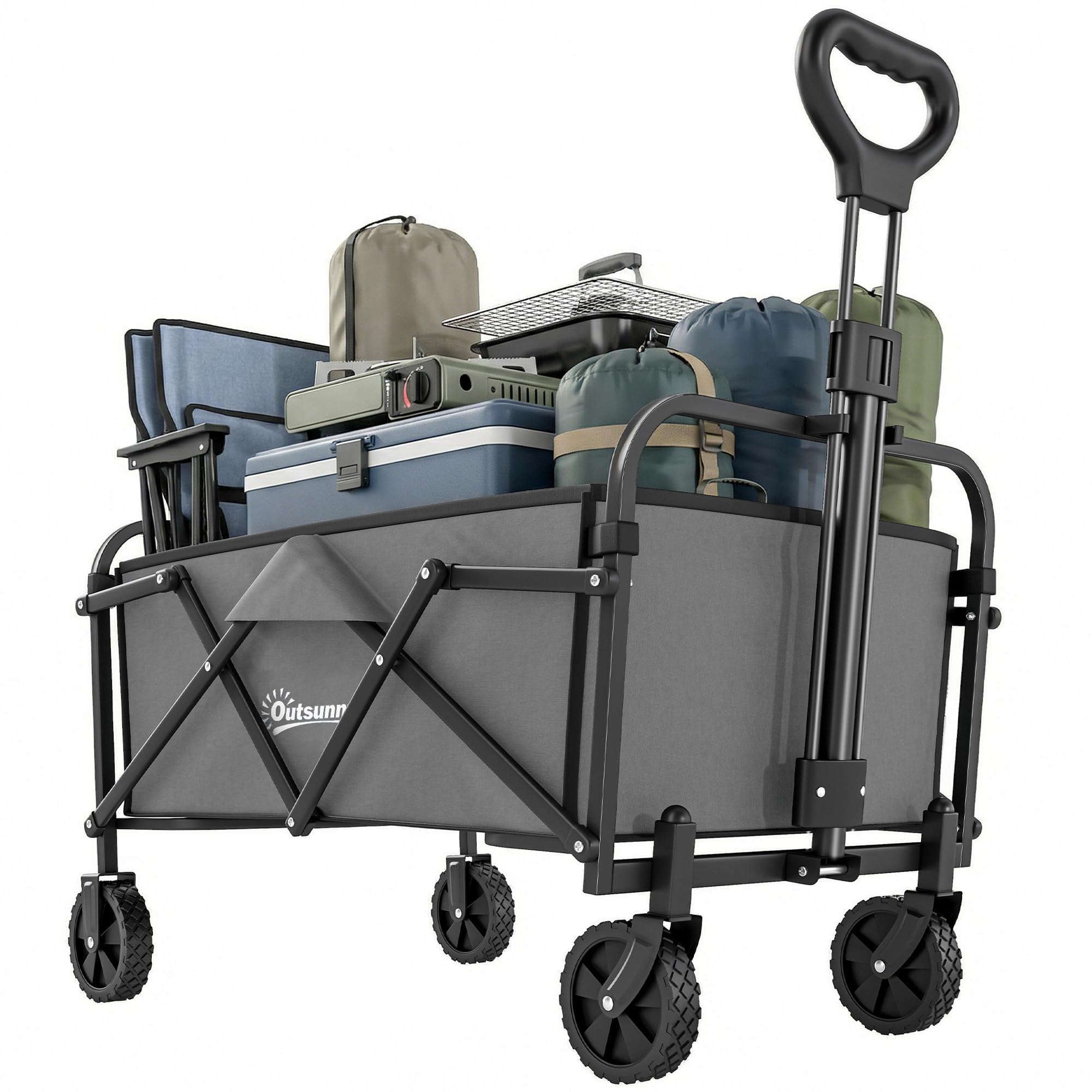 Outsunny Chariot de Jardin Pliable Tout-Terrain - Charrette de Transport Camping 66L Charge 68kg avec Poignée Réglable - Remorque à Main Compacte pour Plage Festival, Gris