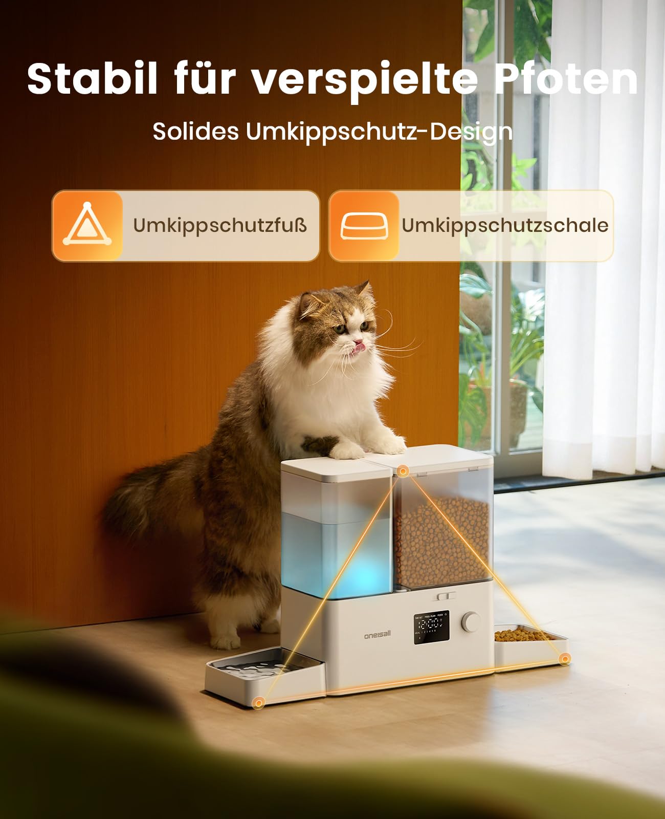 oneisall Futterautomat Katze und Trinkbrunnen 2-in-1, 8,5L/1-36 Portionen, 5L Futterspender mit 3,5L Katzenbrunnen, 2 Edelstahlschalen, Einfache Installation und Reinigung, für Katzen, BPA-frei