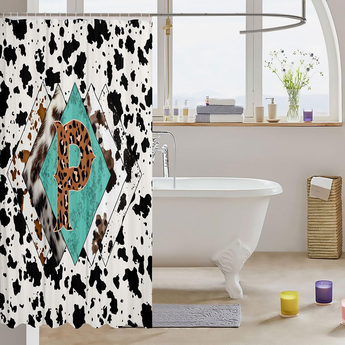 Rideau de douche lettre P taille L léopard monogramme alphabet imprimé cuir de vache rideau de bain pour adultes design rustique rétro rideaux de bain imperméables avec 12 crochets pour baignoire