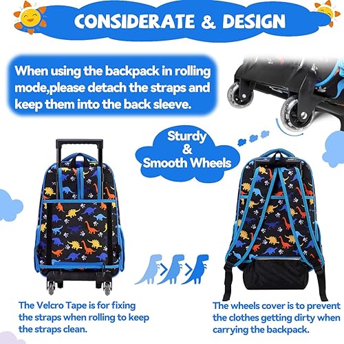 Miniatura 5 de VASCHY Mochila con ruedas para niños, resistente al agua, mochila escolar de mano con ruedas para niños y niñas, Dinosaurios azules, Mochilas Daypack