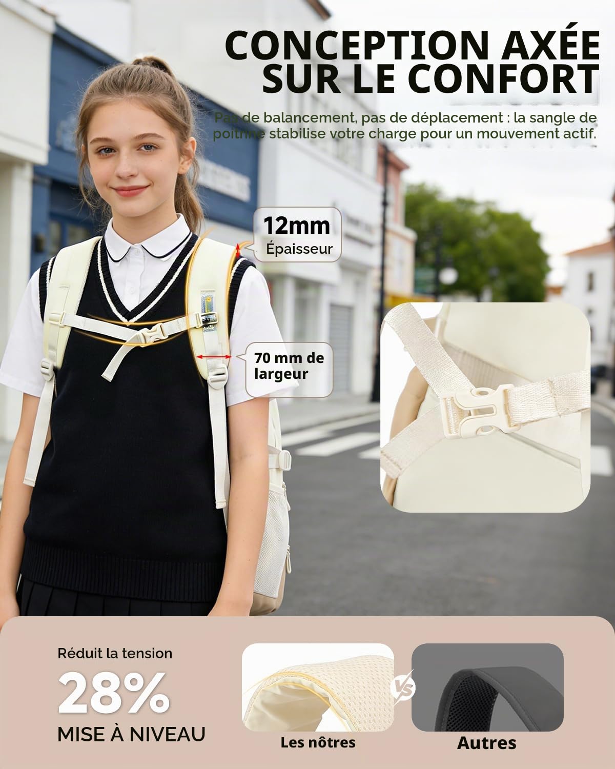 Cartable Fille Primaire et College, Sac à Dos de Grande Capacité pour Filles Adolescentes de 9 à 16 ans, Sacs d'école Renforcé à la Mode et Décontracté avec Pendentif, Marron