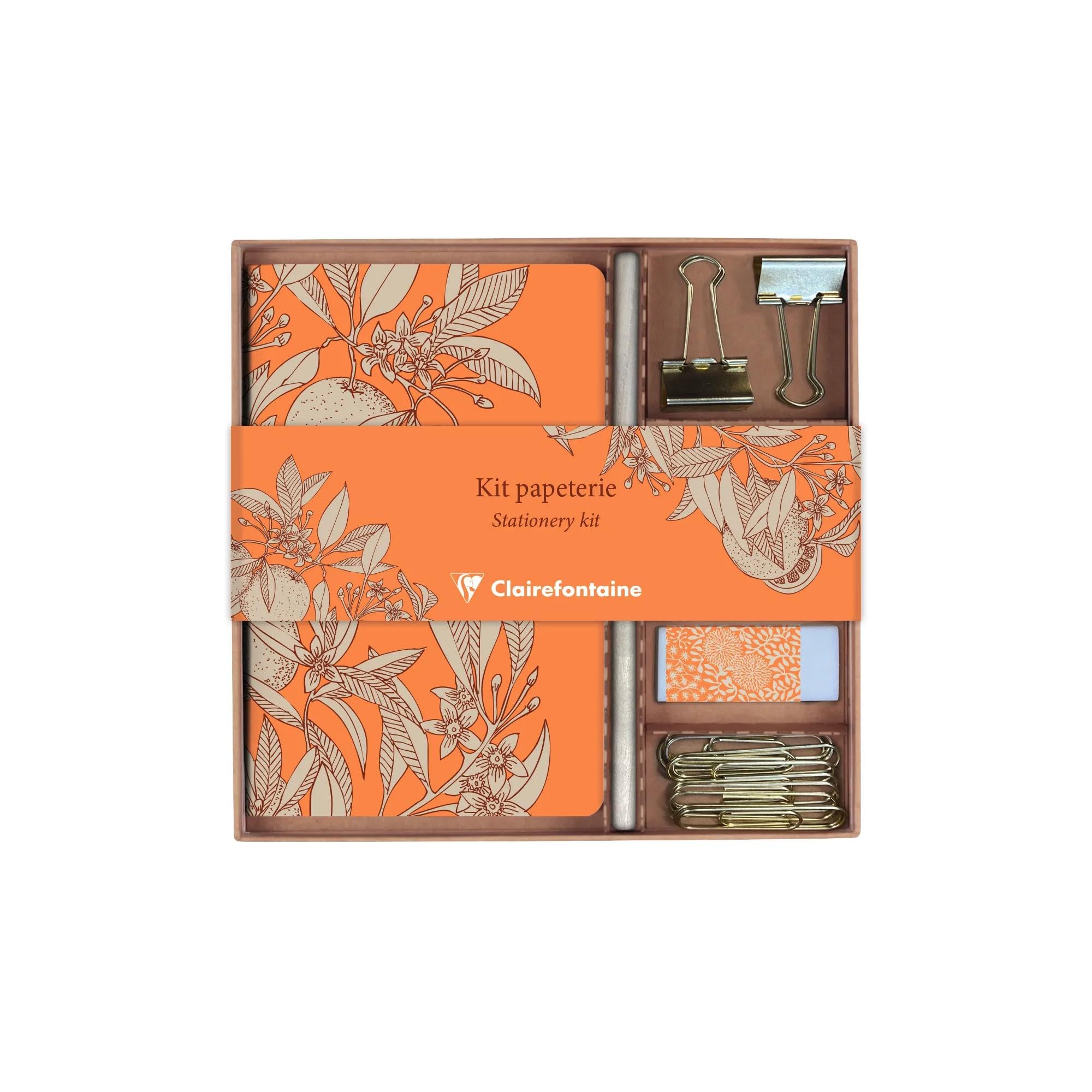Clairefontaine 116350C - Jardin des Sens, Kit de Papeterie contenant un carnet 11x17 cm 64 Pages lignées, un Crayon de Papier, 2 pinces Doubles-Clip, 10 Trombones et une gomme