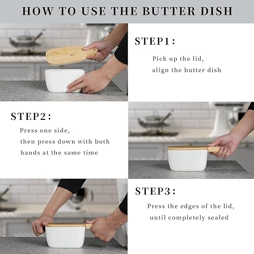 Miniatura 3 de Mantequillera de porcelana - Soporte grande de cerámica con tapa extendida (blanco, 6.5 x 3.9 x 3.14 pulgadas)