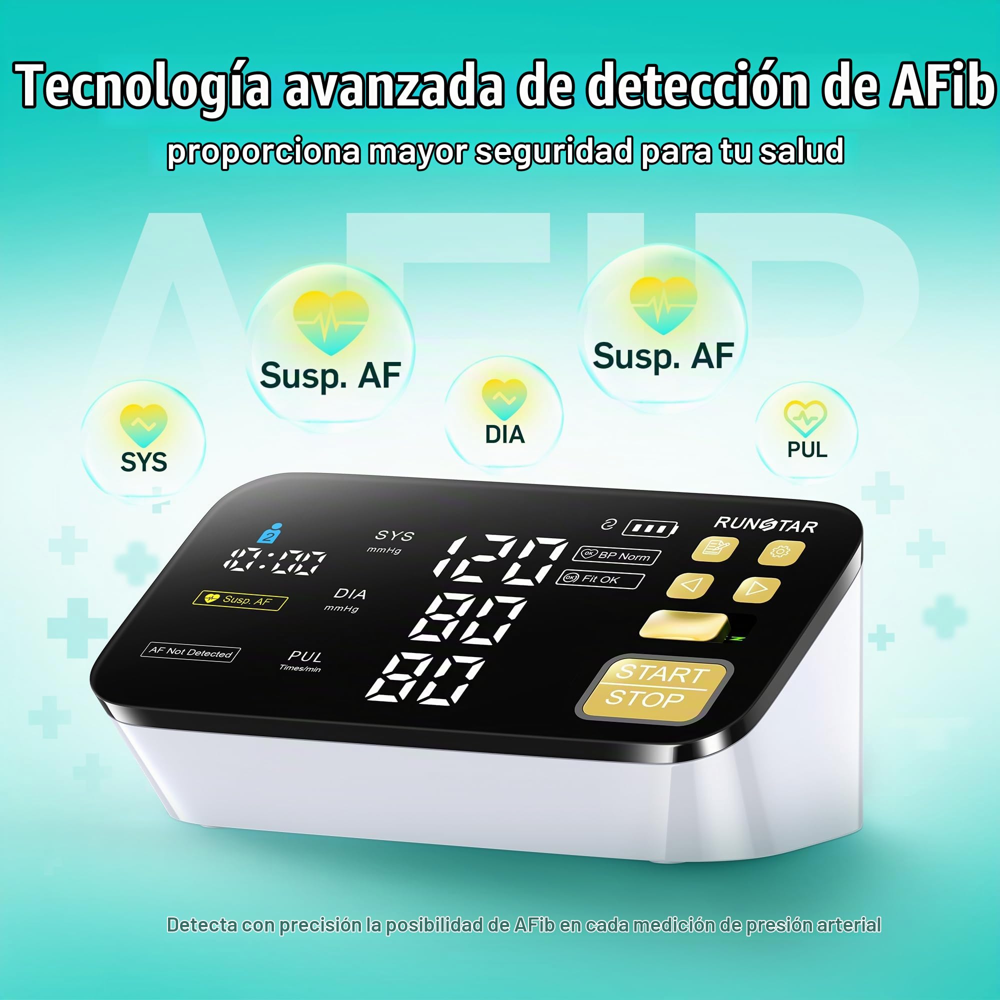 RunStar Tensiómetro inteligente para uso doméstico, con manguito ancho para el brazo, compatible con FSA y HSA, pantalla LED nítida de 6,5", detección de fibrilación auricular, conectividad con app