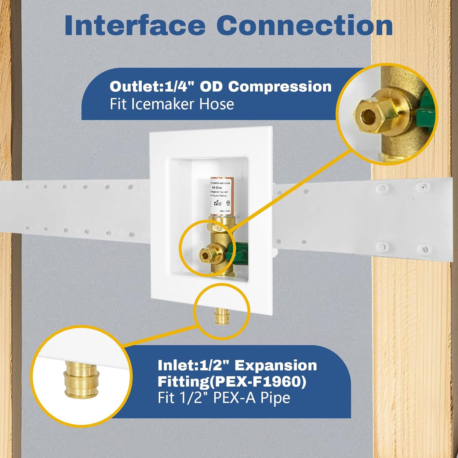 1-PACK GUOFIS Icemaker Outlet Box with 1/2" PEX-A Expamsion Inlet Connect, Ice Maker Box with Pre-installed 1/4-Turn Ball Valve(Copper Hammer Arrestor)(IM008)