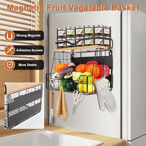 Miniatura 4 de Livabber Cesta organizadora magnética para nevera con estante de madera, contenedor grande de almacenamiento de frutas y verduras, especias y