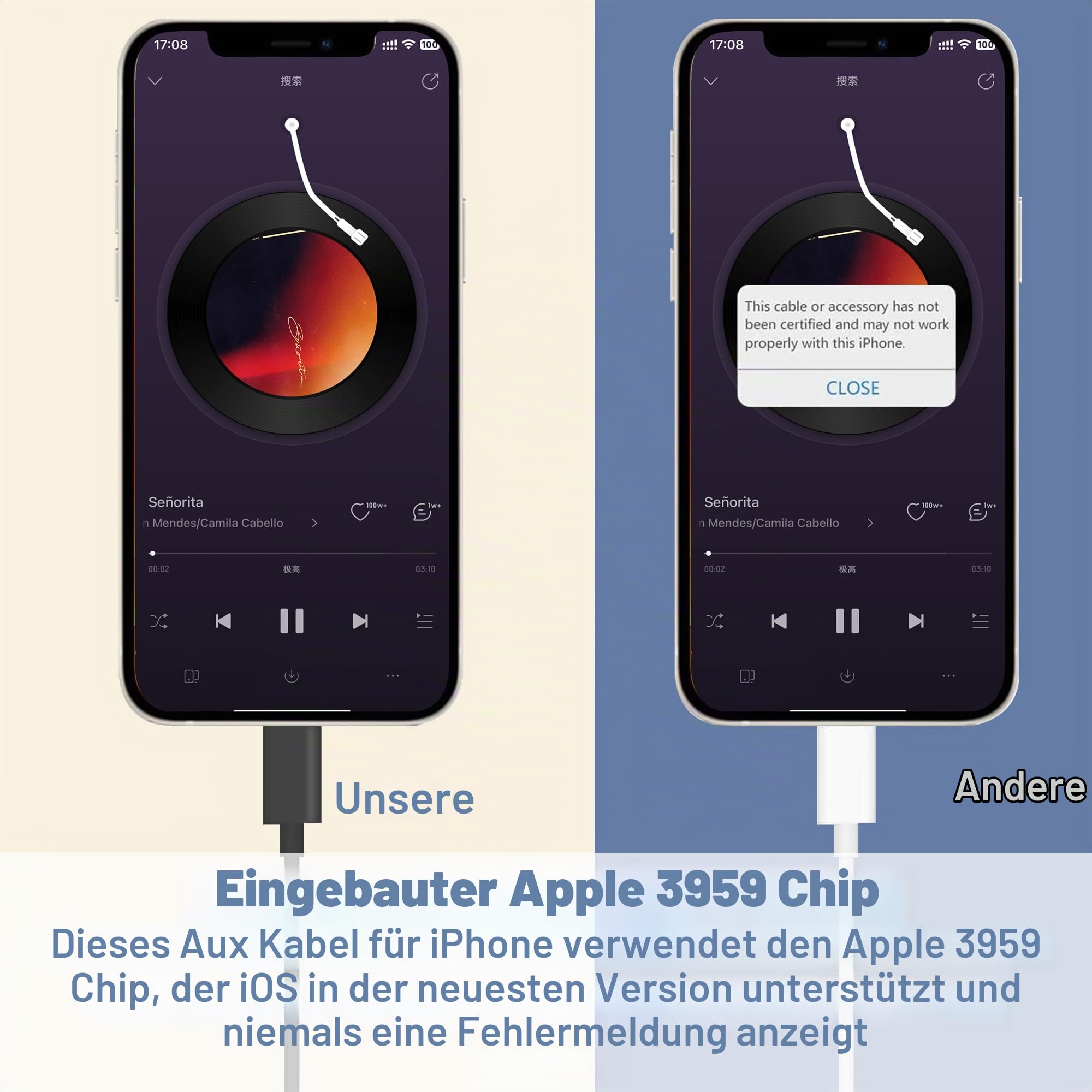 AMI MMI AUX-Kabel für iPhone 14, 13, 12, 11, XS, XR, X, 8, 7, 6, Auto-Aux-Schnittstellen-Dongle, kompatibel mit Audi A3/A4/A5/A6/A7/A8/S4/S6/S8/Q5/Q7/R8/TT, Hilfseingangsadapter für VW Tiguan CC