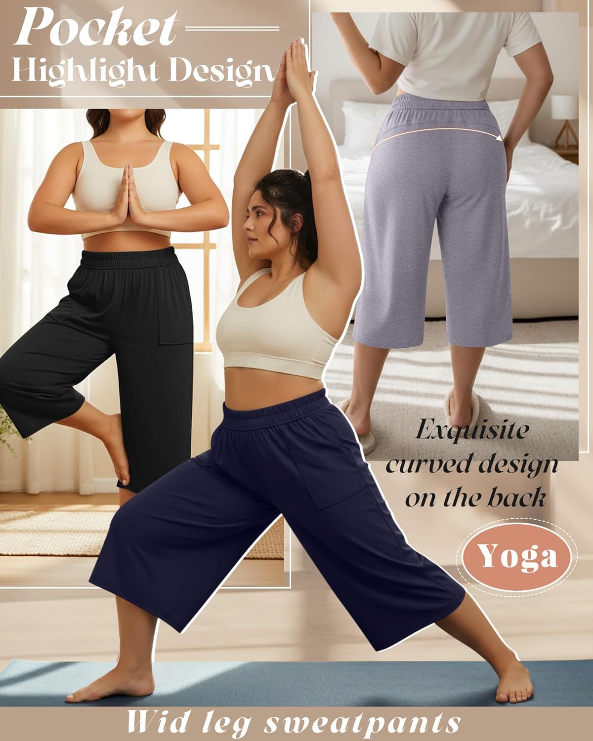 Neer 3 Pack Women Plus Size Capris Cotton Wide Leg Cropped Pants Casual Elastic Waist Loose Fit Lounge Sweatpants with Pocket - Image 3