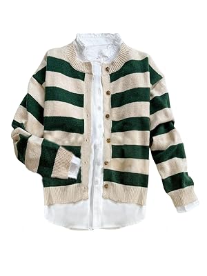 Womens Striped Button Down Cardigan Color Block Long Sleeve Knit Sweaters Outerwear Fall Fashion