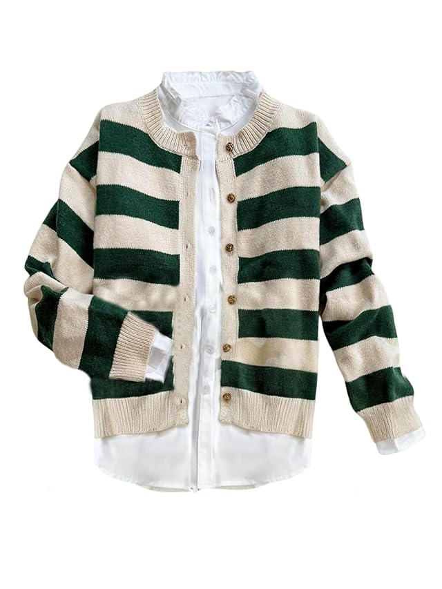Womens Striped Button Down Cardigan Color Block Long Sleeve Knit Sweaters Outerwear Fall Fashion