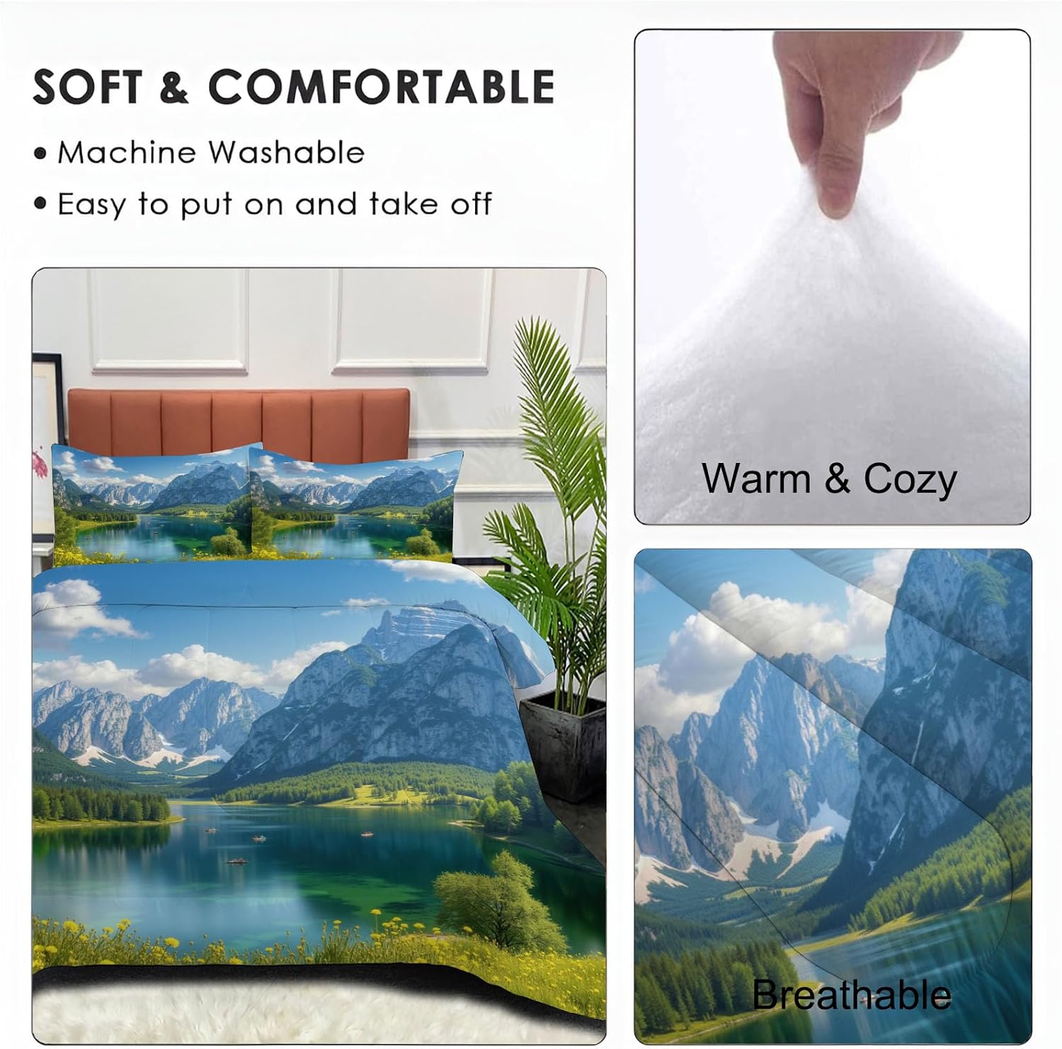Natural Scenery Comforter Set King Size, Valley Lake Print Breathable Bedding Set for Girls Boys Teens, Sky Blue Quilt Duvet with 2 Pillow Cases