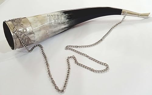 Tazas de cuerno vikingo | Tazas hechas a mano de cuerno real de 3 x 16 pulgadas para vino cerveza cáliz nórdico con cadena de aluminio estilo