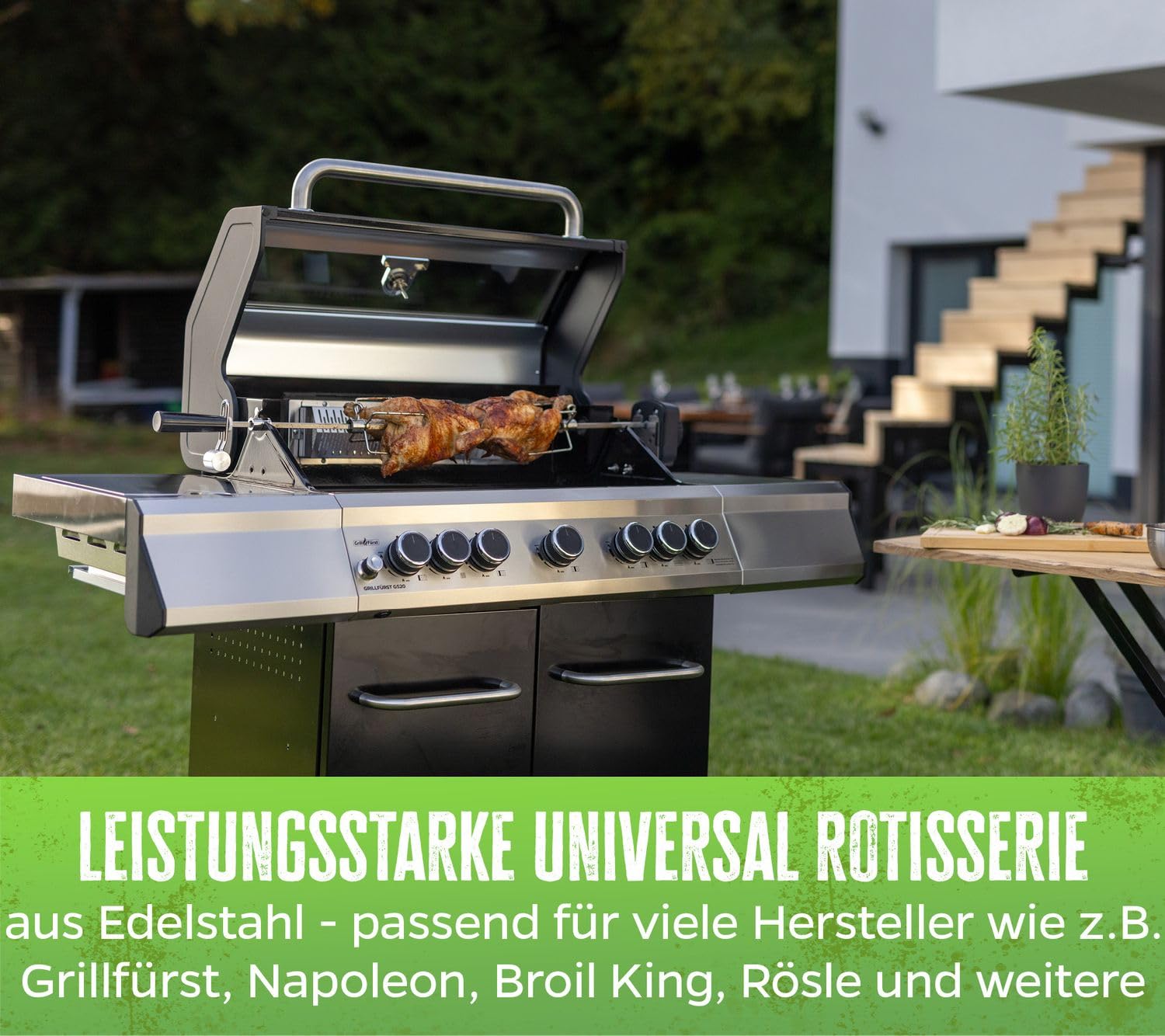Grillfürst Universal Drehspieß - Grillspieß mit Motor für Gasgrill, Rotisserie Set aus Edelstahl inkl. 2 Fleischnadeln, Gesamtlänge: 95 cm