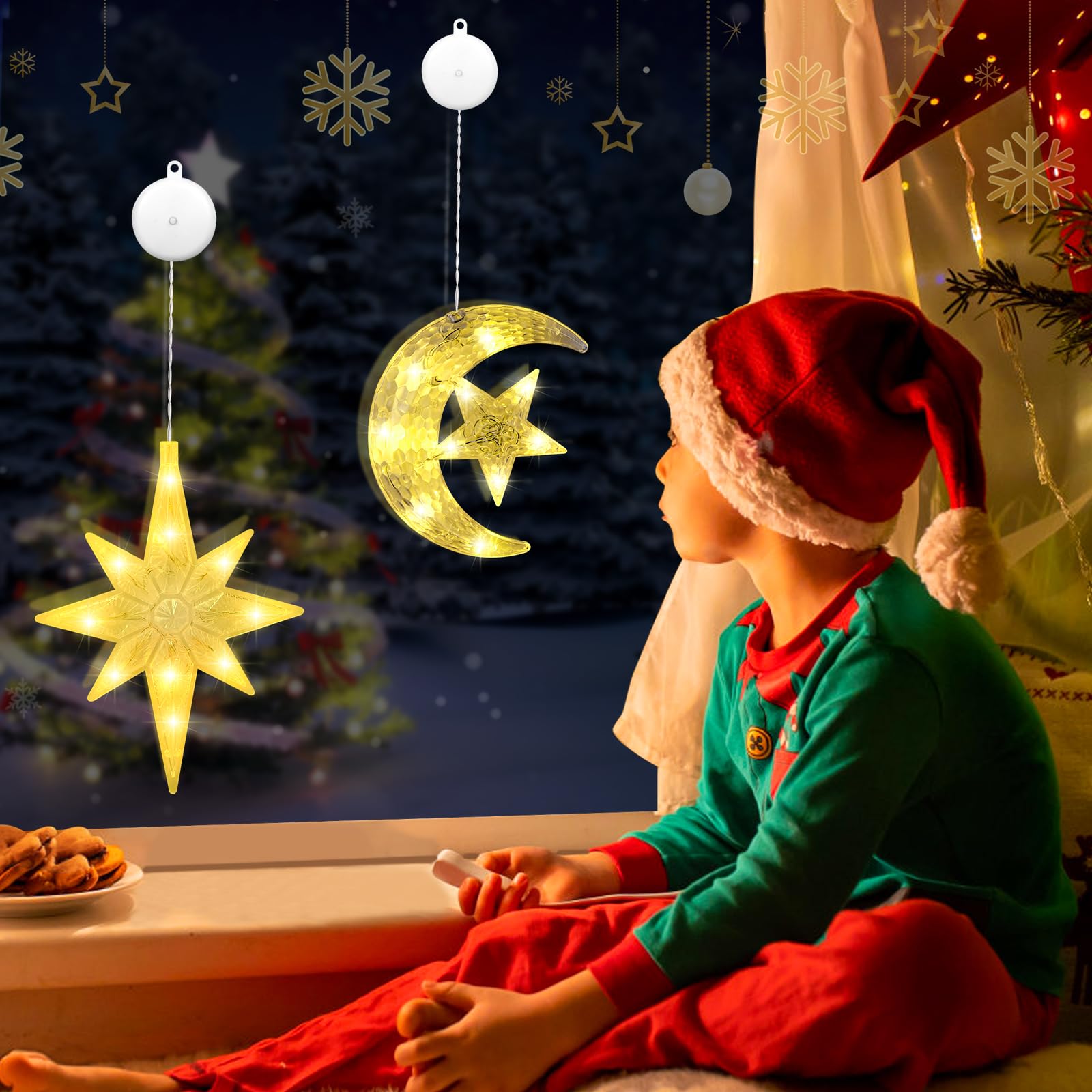 FORMIZON Luci Natale a Ventosa Finestre, Luci LED Natale Stelle, Luminarie Natalizie, Decorazioni Natalizie Luce per Albero di Natale Porta Finestre Interni (moon and stars)