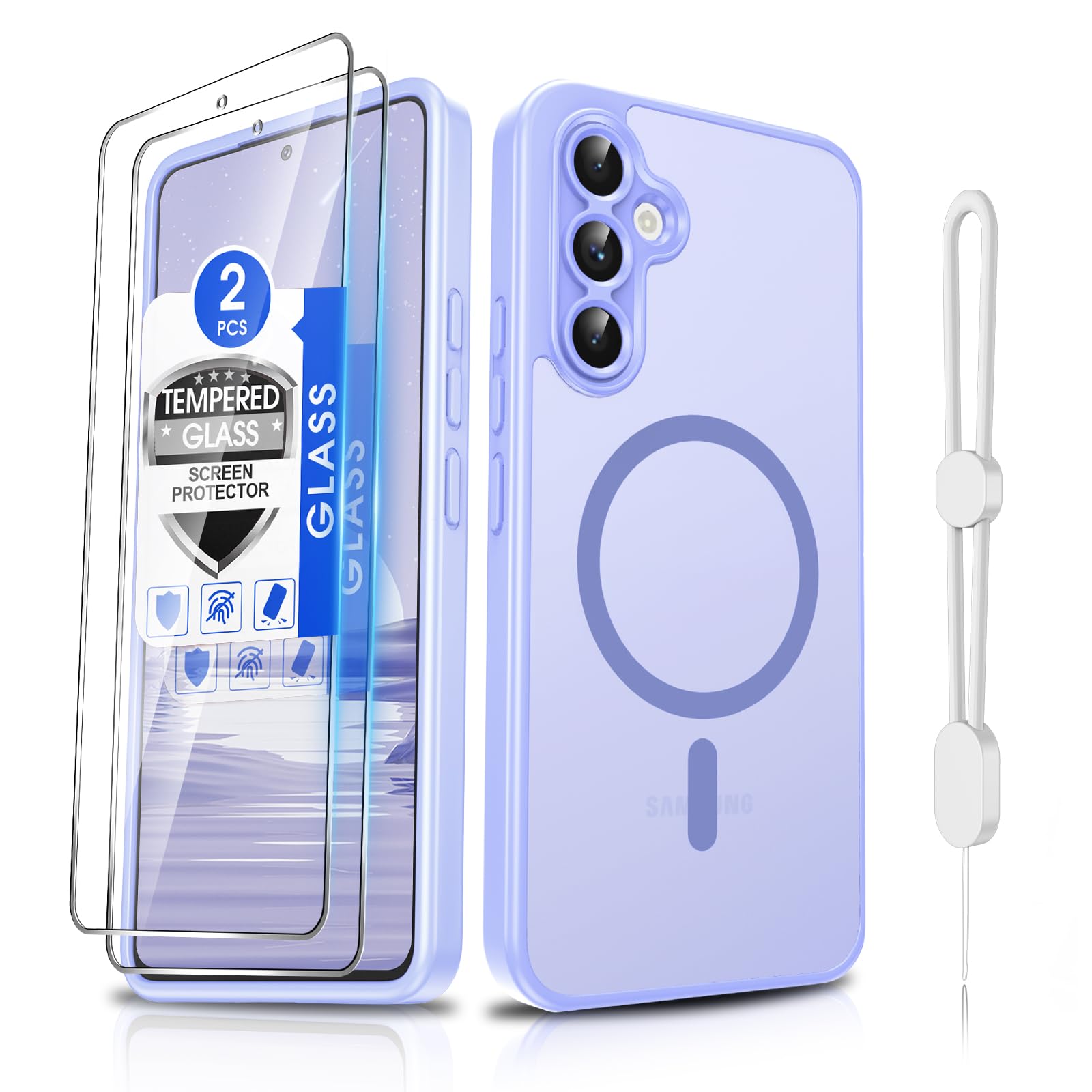 Dizn for Samsung Galaxy A54 Phone Case: with Tempered Glass Screen Protector [Compatible with MagSafe] with Strap, Matte Cover &amp; Military Grade Shockproof Protective A54, Funda para A54, Light Purple