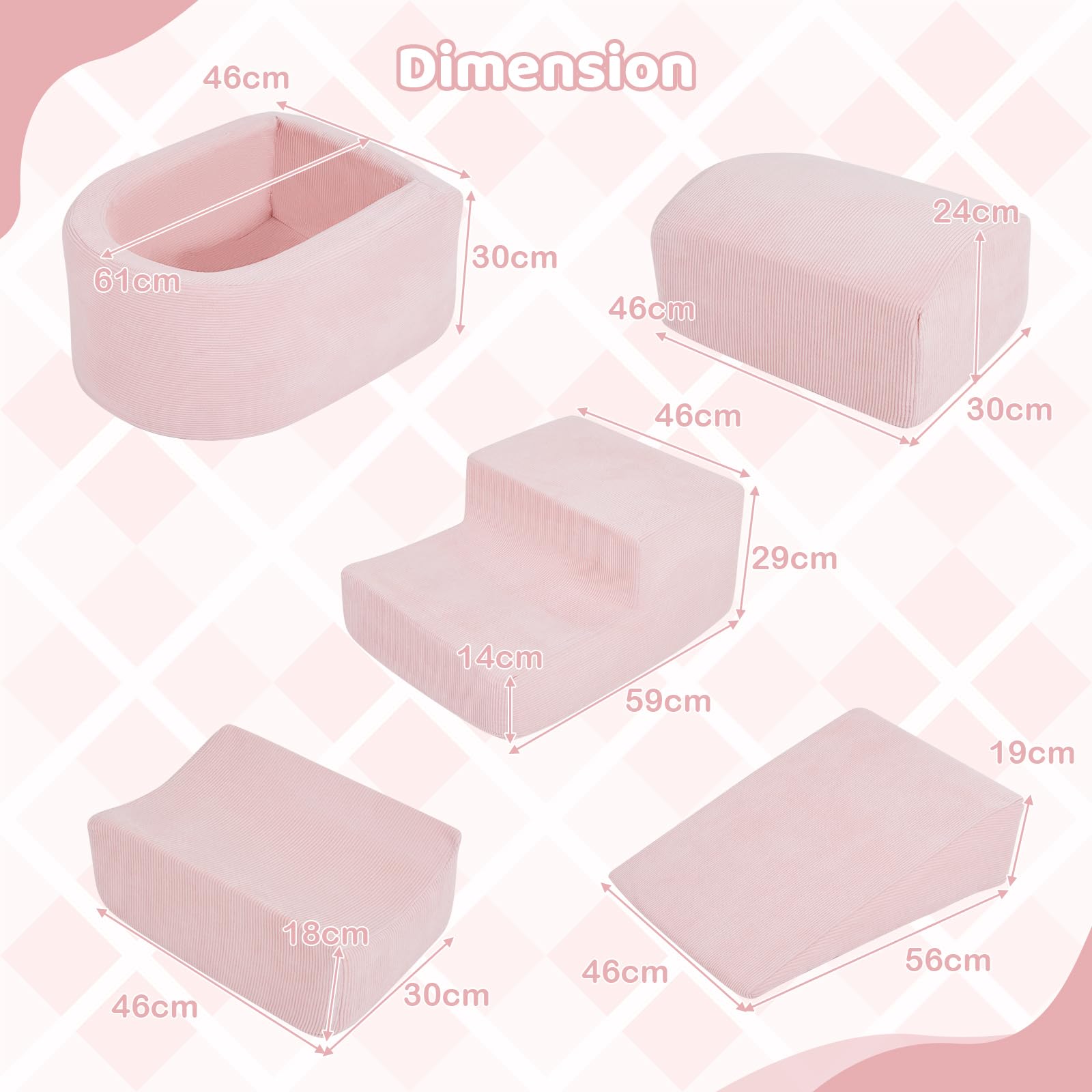 FANTASK 5-teilige Schaumstoffbausteine XXL, Riesen Kletterblöcke mit Bällebad, Großbausteine zum Toben & Klettern, Soft Spielbausteine für Zuhause, Kinderzimmer & Spielzimmer (Rosa, Cordstoff)