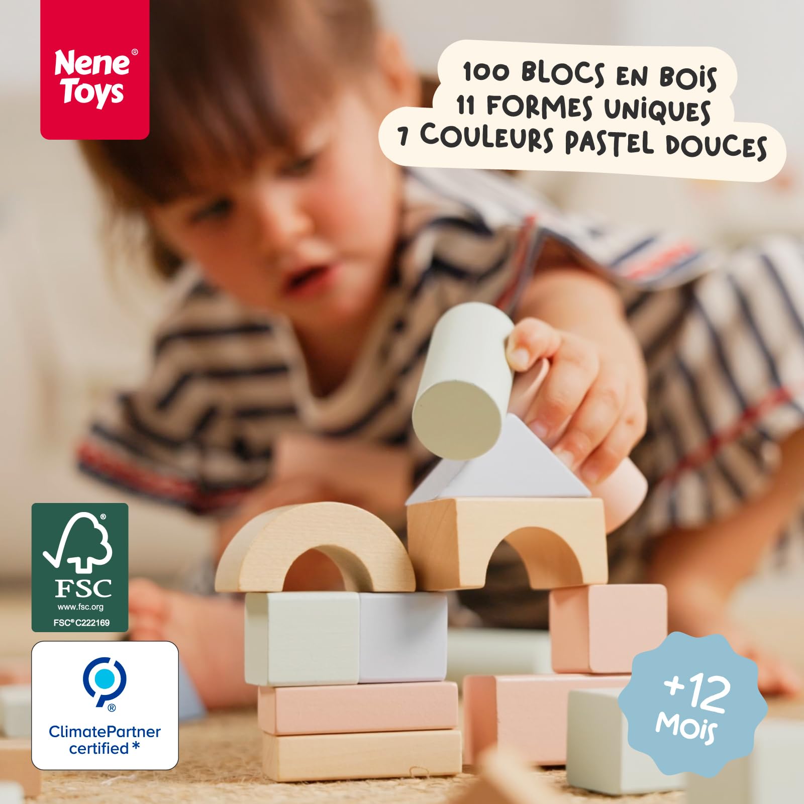 Nene Toys Blocs de Construction en Bois 100 Pièces – Blocs Pastel en Bois FSC pour Enfants dès 1 an – Jeu Montessori d’Éveil, Empilage & Tri pour Filles & Garçons – Idée Cadeau 1 2 3 Ans