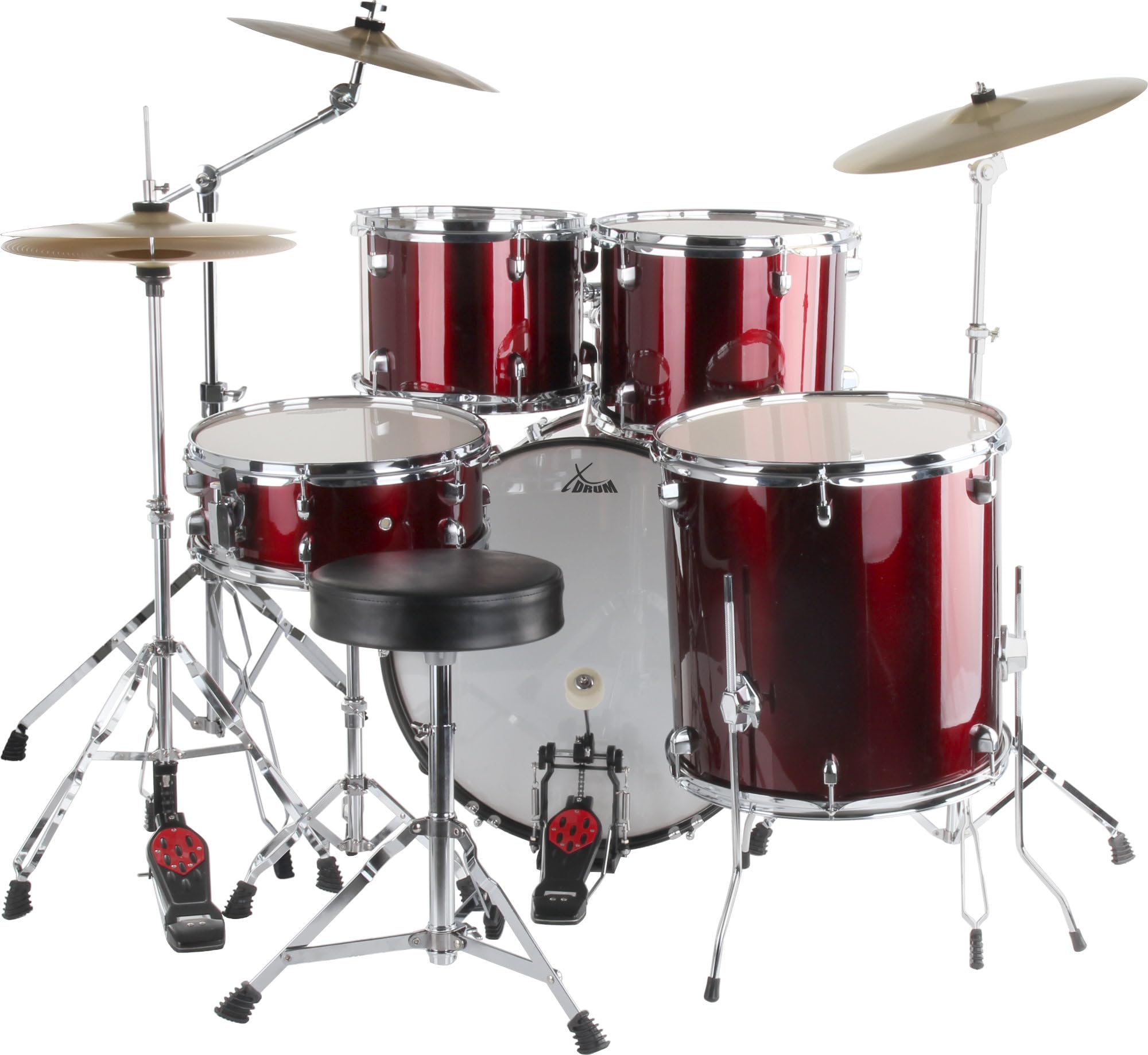 XDrum Semi 22" Standard Schlagzeug Lipstick Red - 22" BD, 12" TT, 13" TT, 16" FT, 14" SD - Set inkl. 16" Crash Becken und Galgenbeckenständer - Rot
