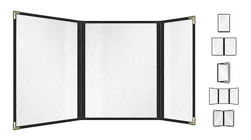 Goodsmart Cafe Style - Paquete de 25 fundas para menú, borde doble costura, vinilo transparente (negro, 2.5 páginas6 vistas trifold, 8.5 x 11