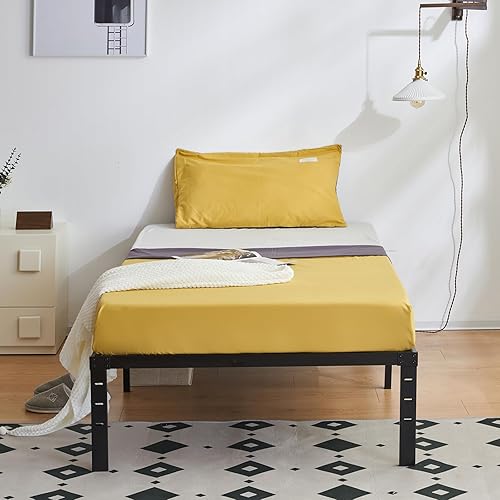 Bonnlo Base de cama individual de plataforma de metal de 14 pulgadas, no necesita somier, base de colchón, soporte de listones de acero resistente,