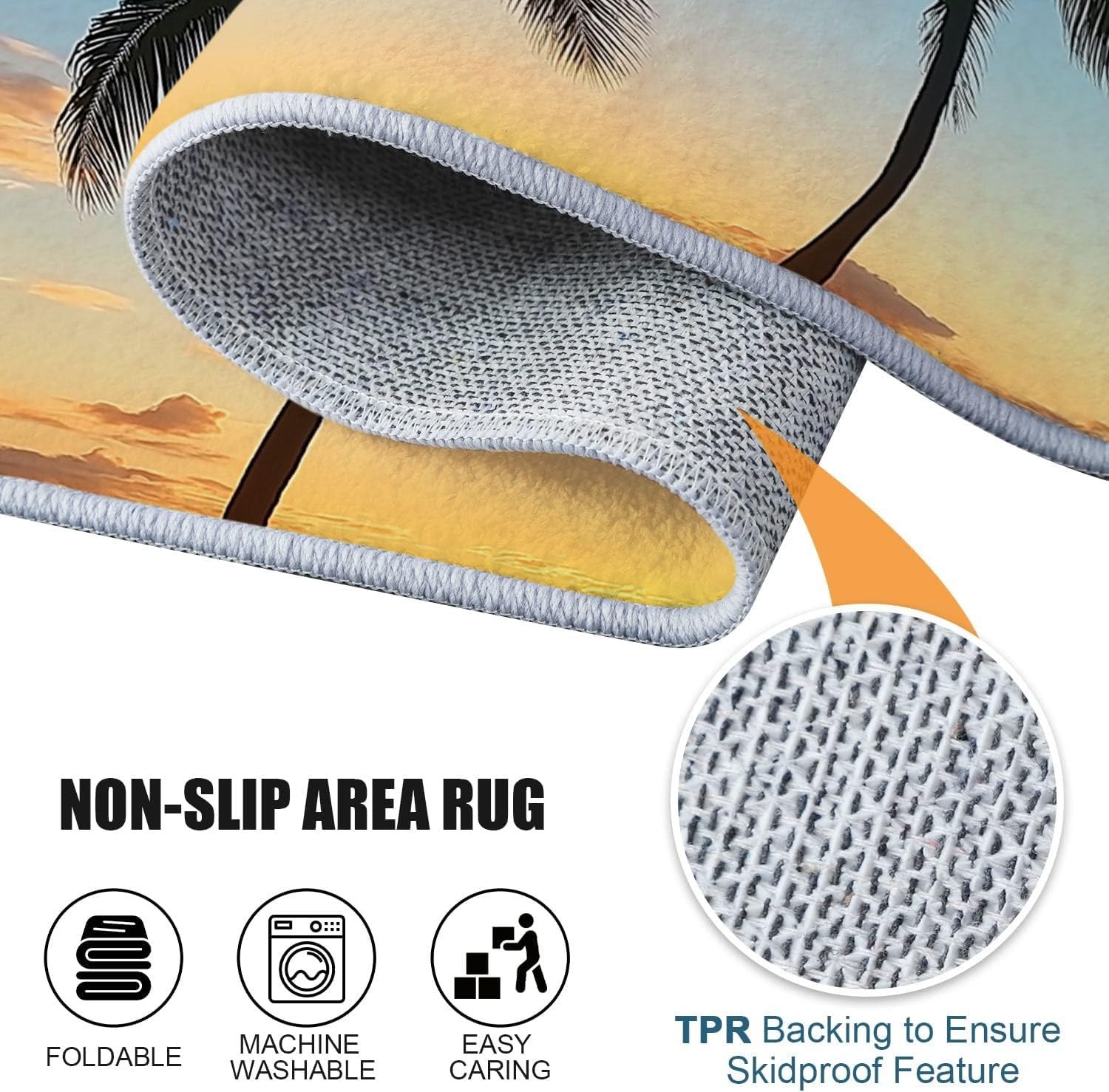 Tappeto multiuso in microfibra Blu Arancione con Fondo Gommato Antiscivolo Paesaggio tropicale tramonto Stampa, per ingresso, bagno - Lavabile in lavatrice 120 x 170 cm