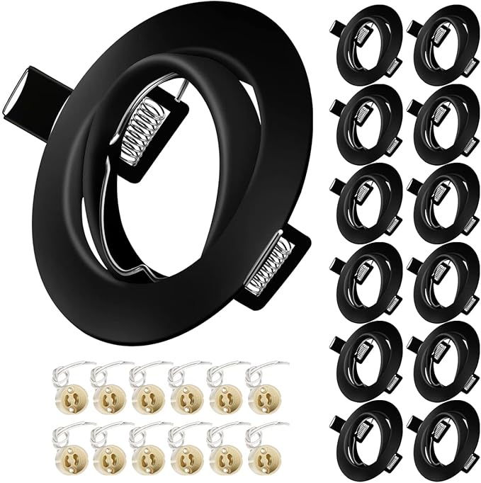 Yiahin 12x Inbouwspots GU10 Set - 12 Stuks Inbouwframes in Mat Zwart incl. GU10 Fitting Voor LED of Halogeen Lampen, Boorgat Ø68mm-80mm, 30° Draaibaar, Rond