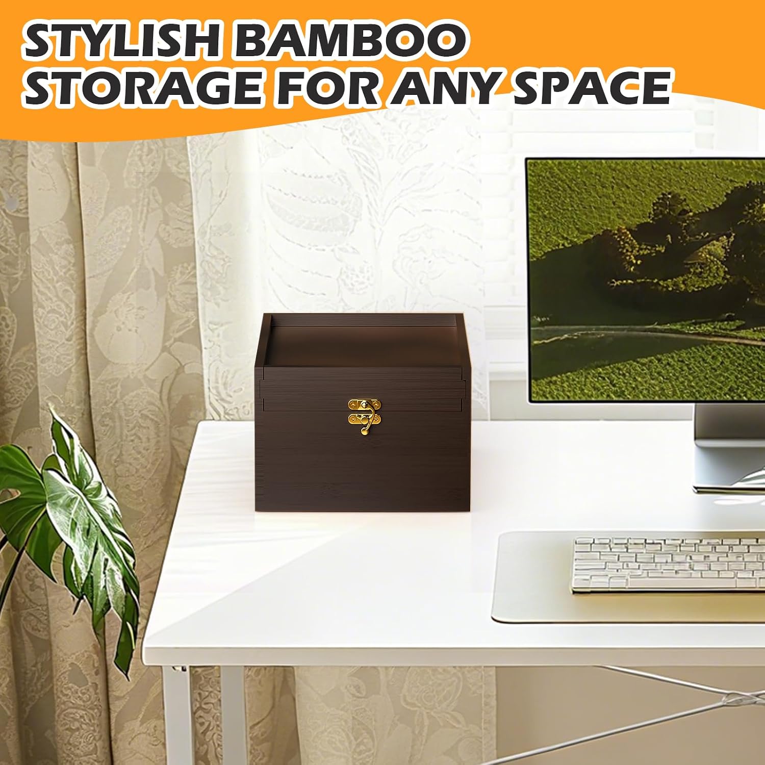 Bamboo Storage Box with Lid – Wooden Organizer with 4 Compartments, Sliding Cover & Metal Clasp Lock, Multi-Purpose Rectangular Stash Box, Eco-Friendly Bamboo Box for Home & Office