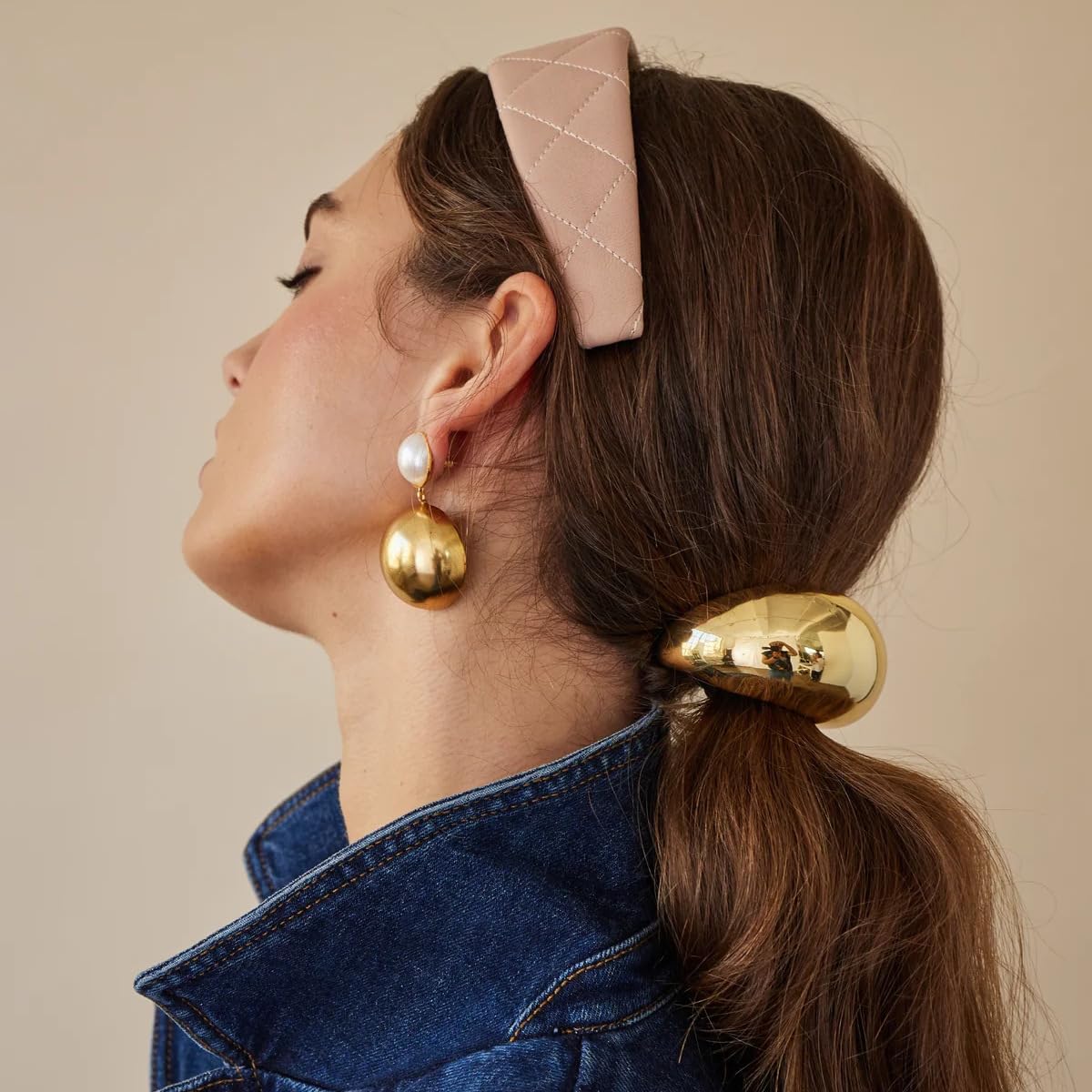 Lazos para el pelo de acero inoxidable, oro de 18 quilates, gruesos, coletas para mujer, brillantes soportes elásticos para coleta, accesorios geométricos dorados y plateados (tamaño grande dorado)