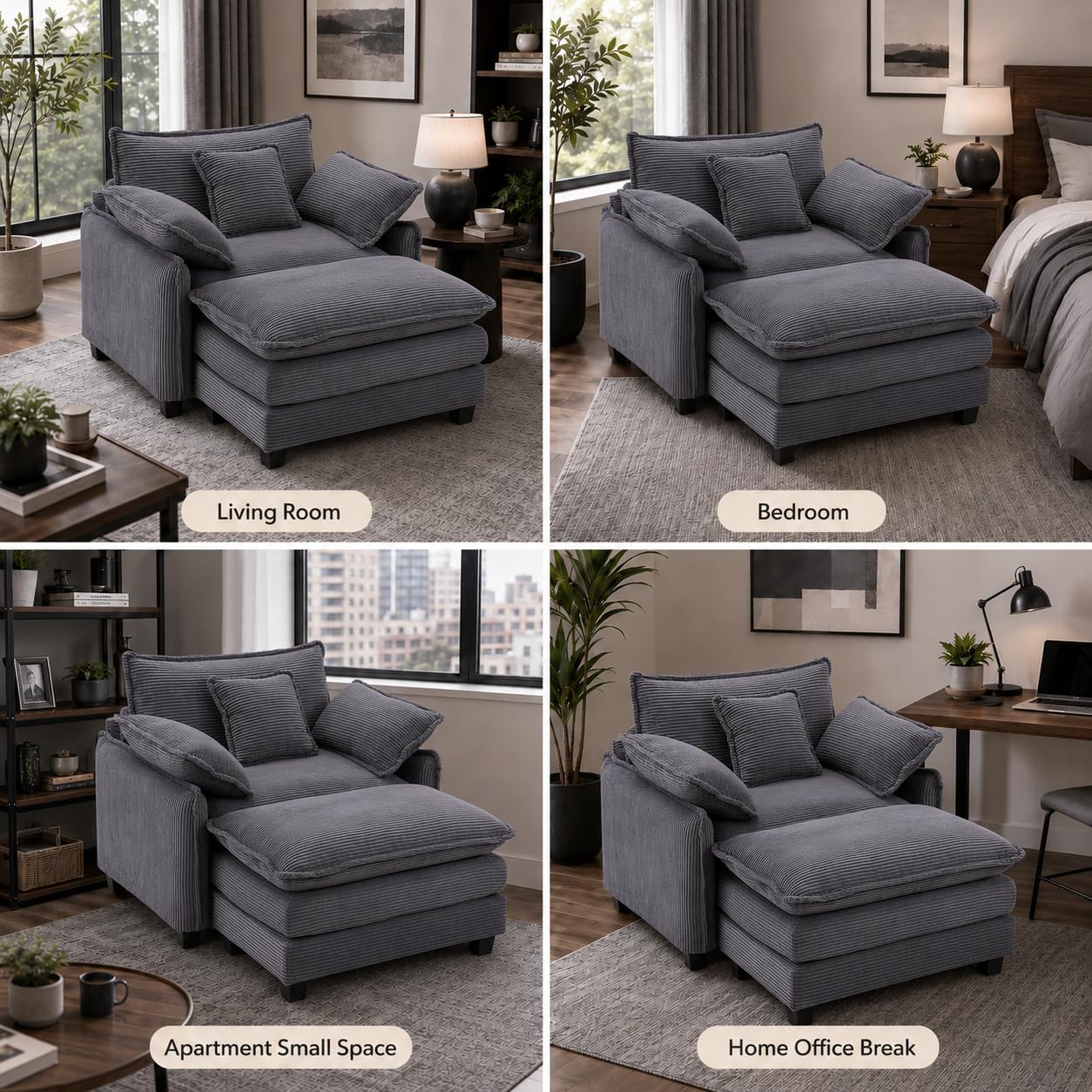 LUXSeatful Oversized Chair with Ottoman, Corduroy Reading Chair with Footrest, C — product photo