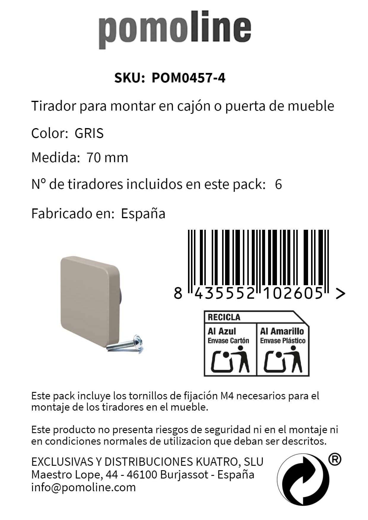 6 Un. TIRADOR Pomo Mueble BEBÉ cuadrado madera lacada gris 70X70MM