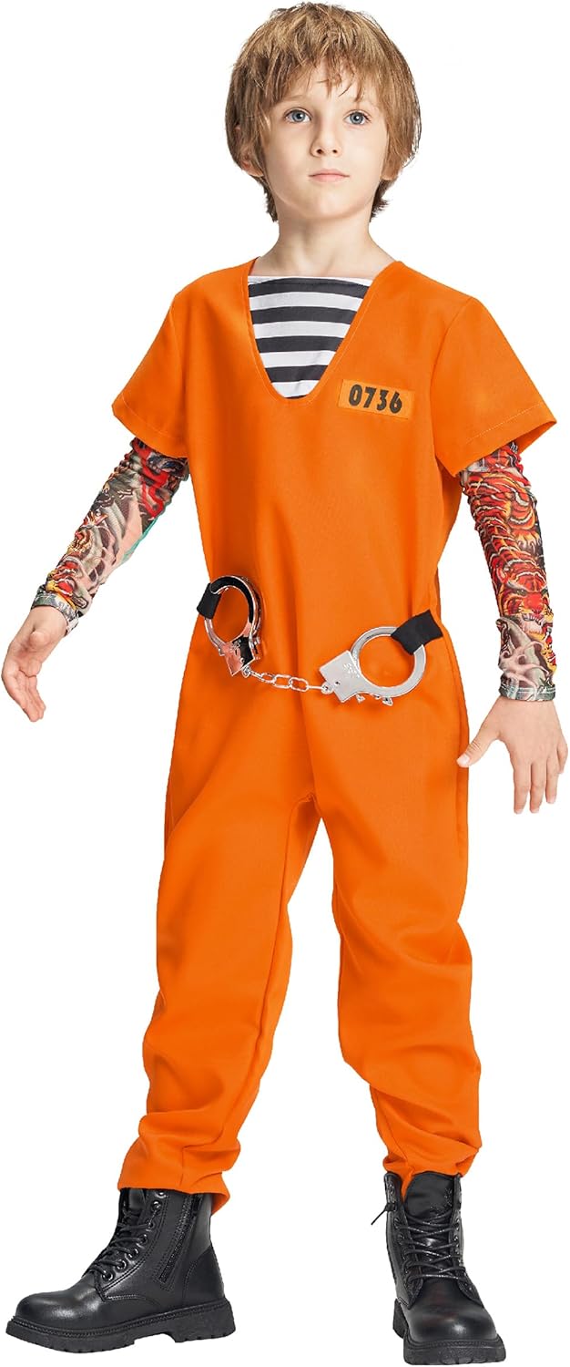 Kids Prisoner Costume, 4 Pcs Convict Jail Jumpsuit Handcuffs Escaped Set for Boys Girls Halloween Dress Up 3-10Y 4-6Y