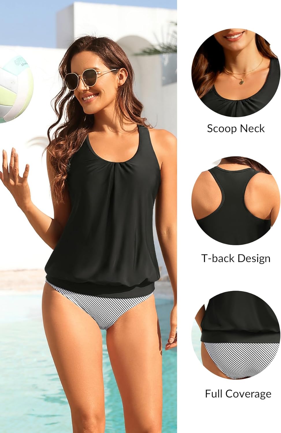 Yonique Women Two Piece Tankini Blouson Swimsuit Bathing Suits Racerback Swim Tank Tops with Bottoms Tummy Control Swimwear