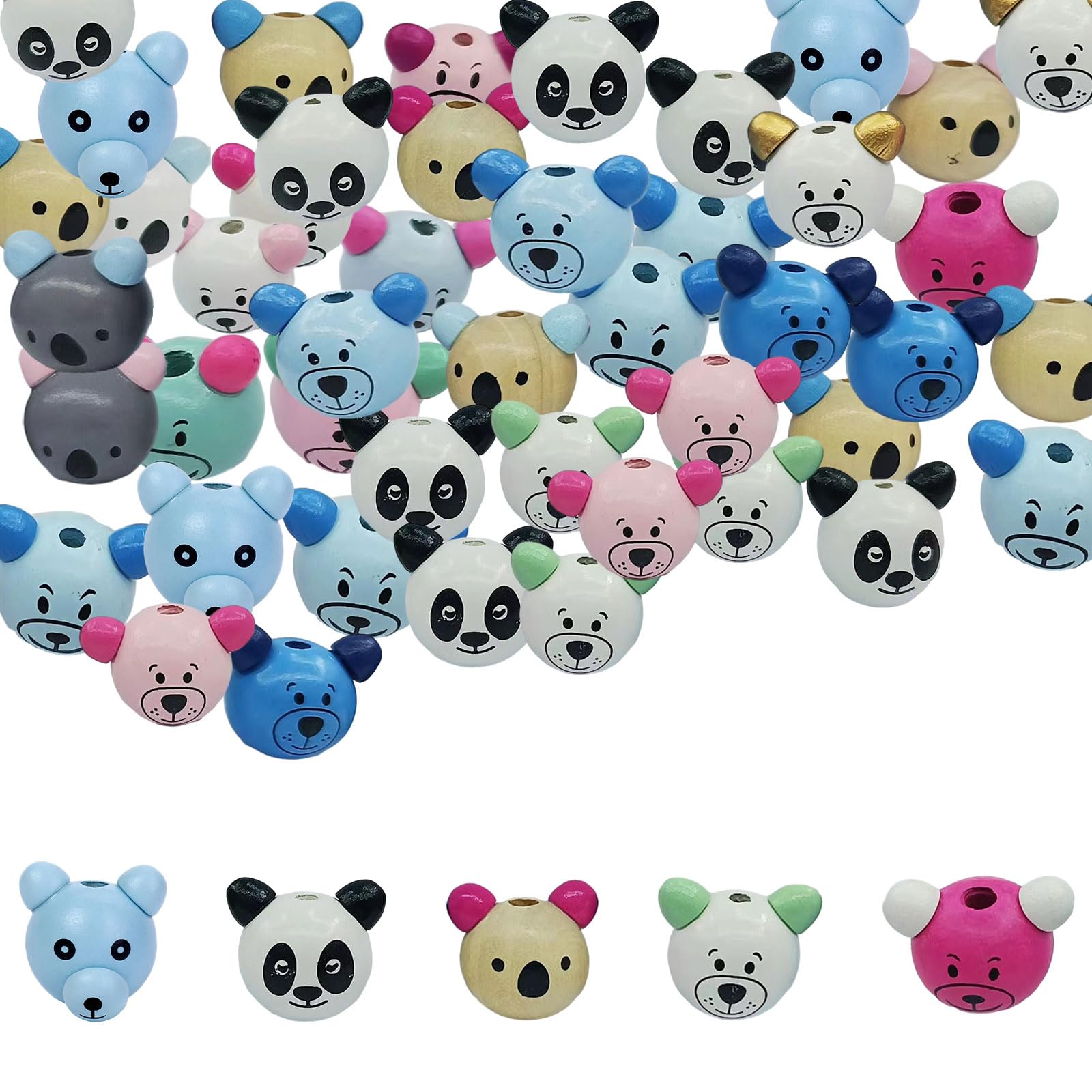 Bonito juego de cuentas de madera de animales, 50 cuentas de madera con cabeza de oso, patrón impreso, espaciador de madera natural, cuentas sueltas para manualidades, collares, pulseras,